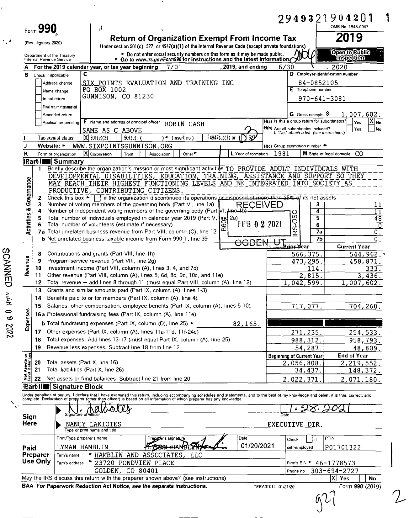 Image of first page of 2019 Form 990 for Six Points Evaluation and Training