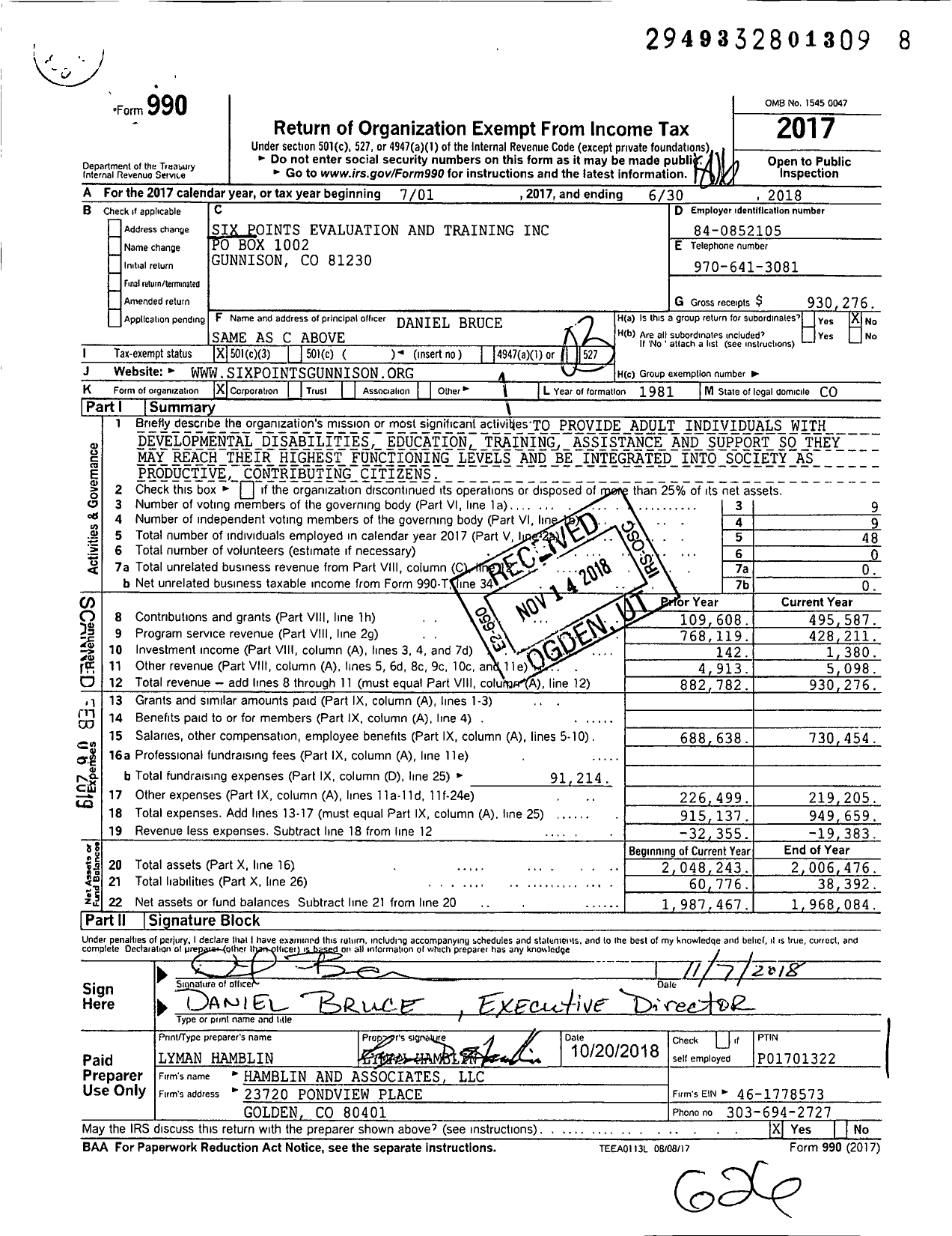 Image of first page of 2017 Form 990 for Six Points Evaluation and Training