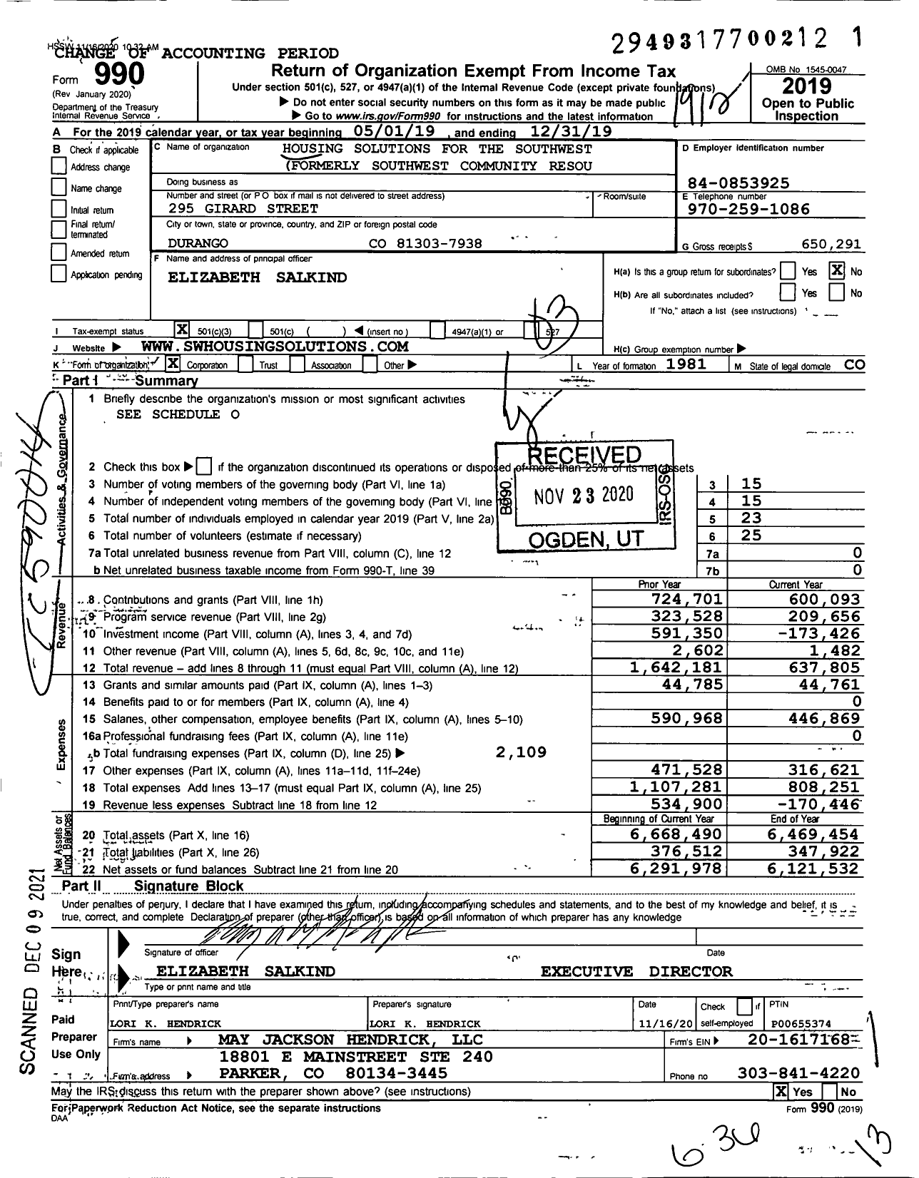 Image of first page of 2019 Form 990 for Housing Solutions for the Southwest