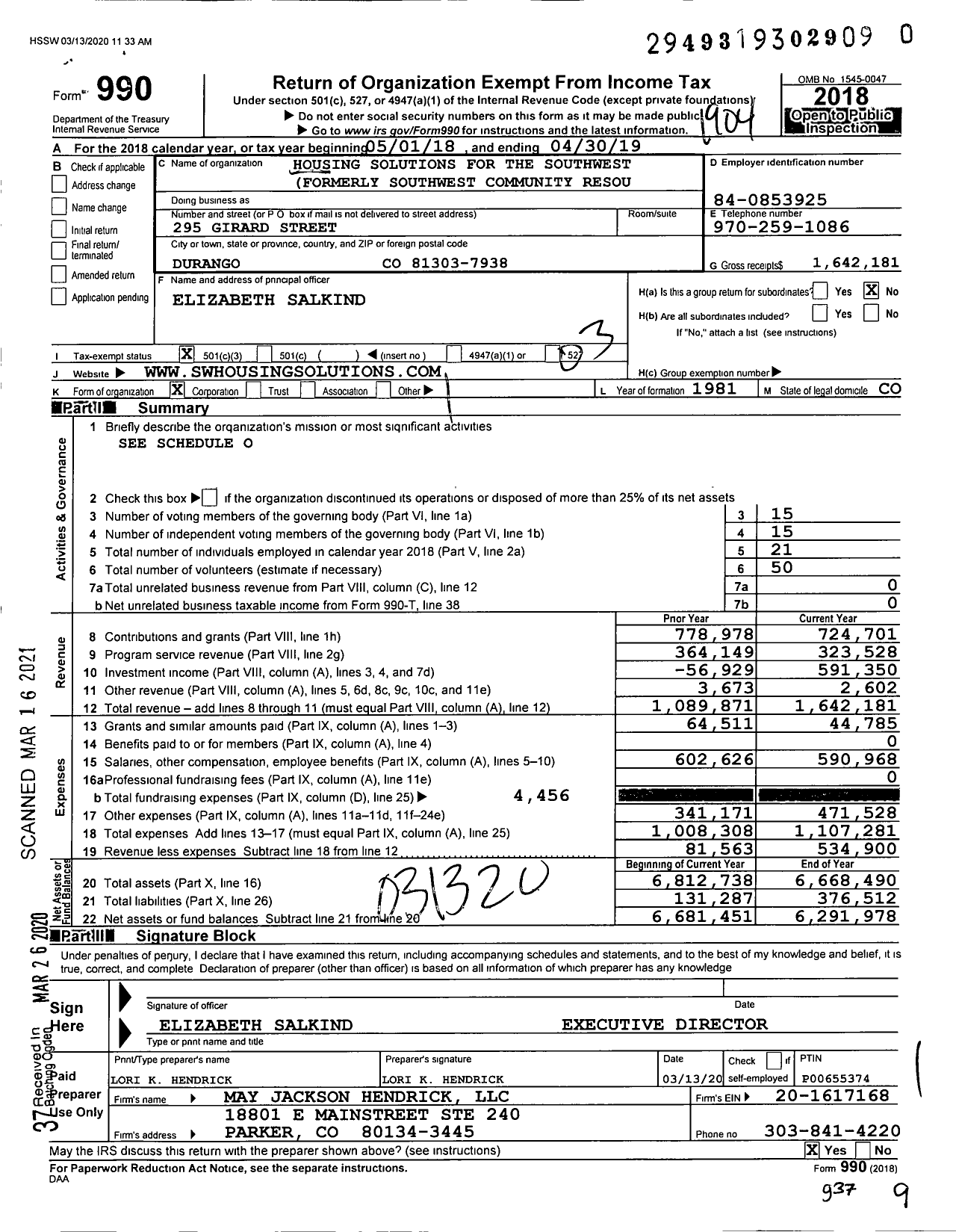 Image of first page of 2018 Form 990 for Housing Solutions for the Southwest