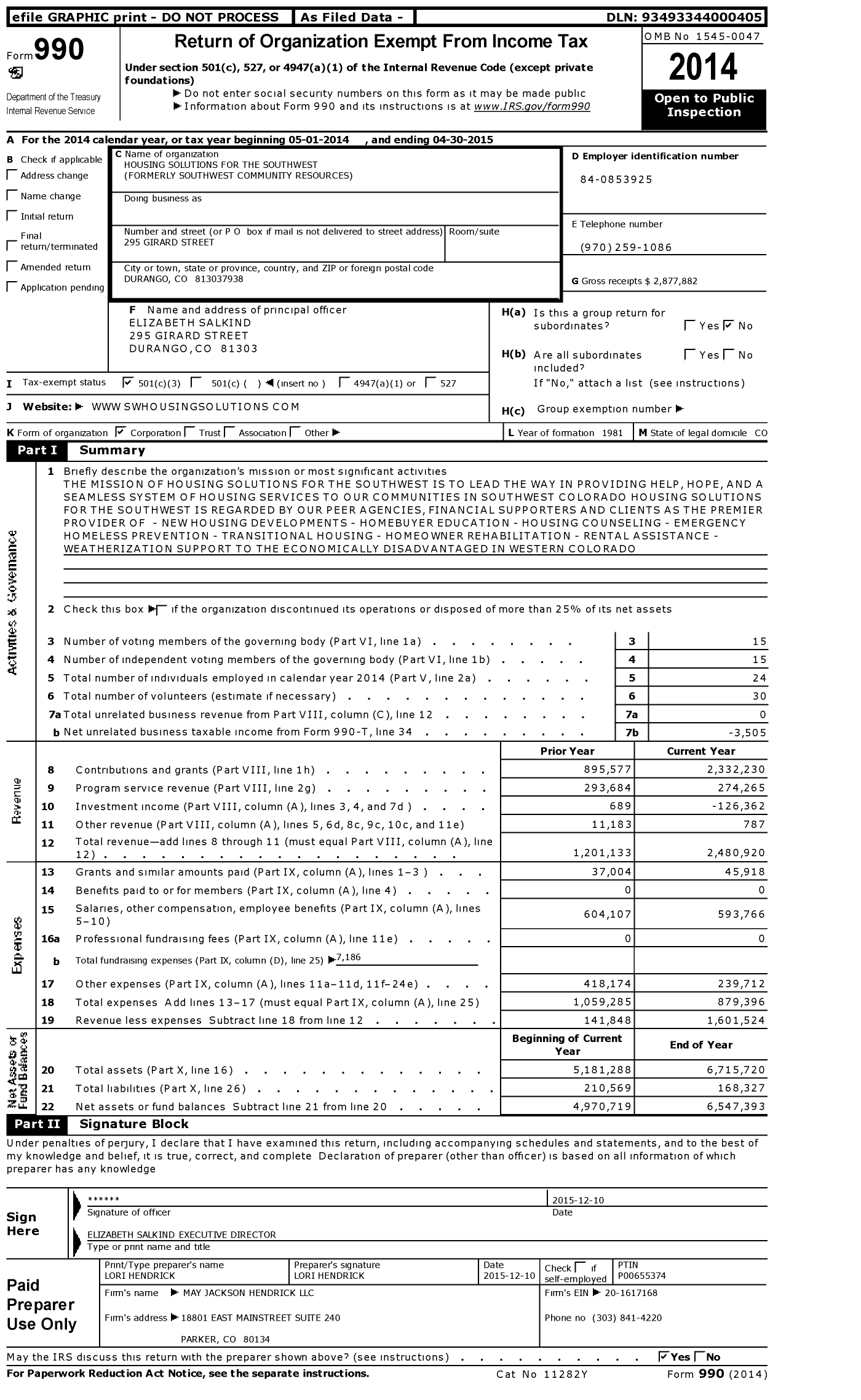 Image of first page of 2014 Form 990 for Housing Solutions for the Southwest