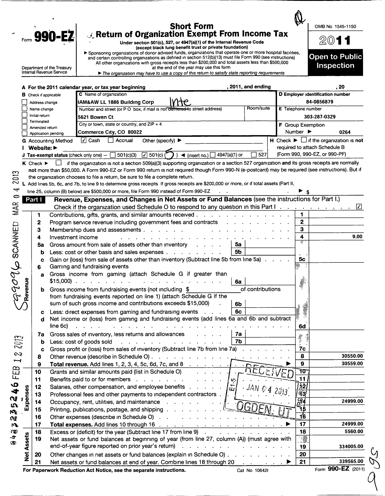 Image of first page of 2011 Form 990EO for International Association of Machinists and Aerospace Workers - 1886 Local Building Coropration