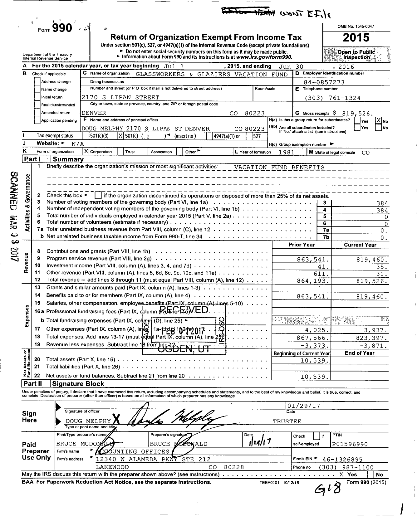 Image of first page of 2015 Form 990O for Glassworkers and Glaziers Vacation Fund