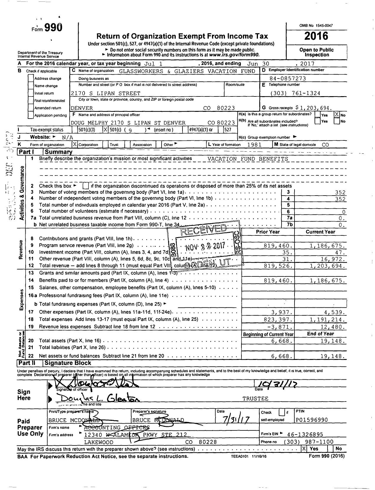 Image of first page of 2016 Form 990O for Glassworkers and Glaziers Vacation Fund