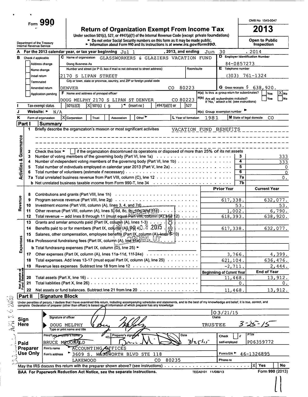 Image of first page of 2013 Form 990O for Glassworkers and Glaziers Vacation Fund