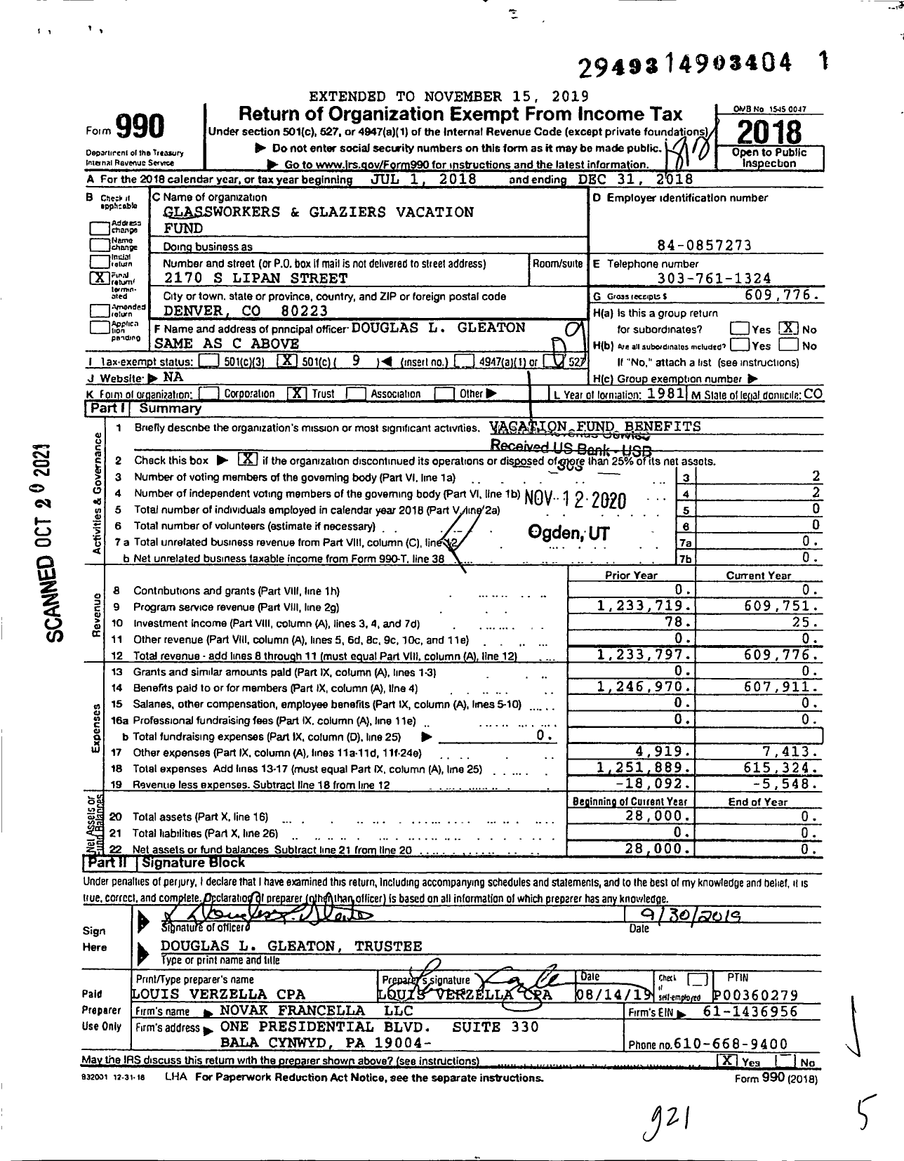 Image of first page of 2018 Form 990O for Glassworkers and Glaziers Vacation Fund