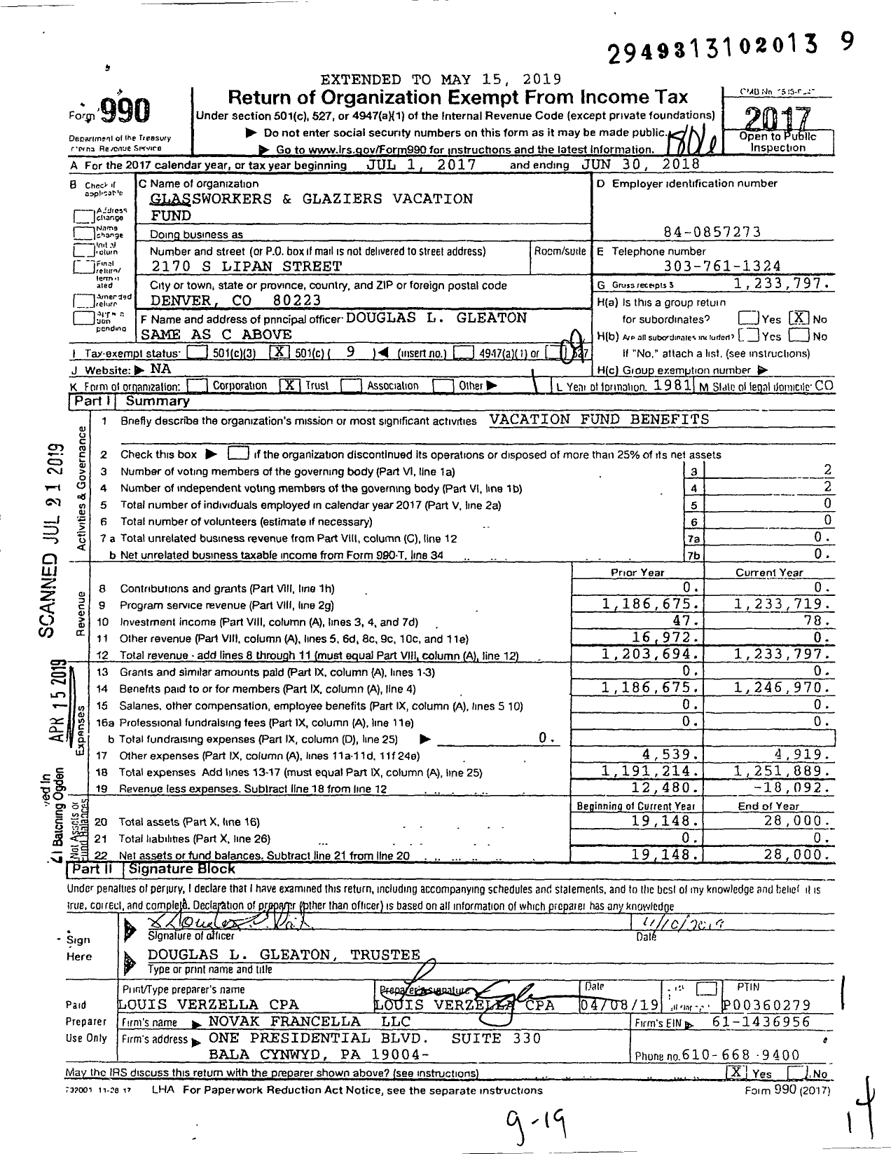 Image of first page of 2017 Form 990O for Glassworkers and Glaziers Vacation Fund