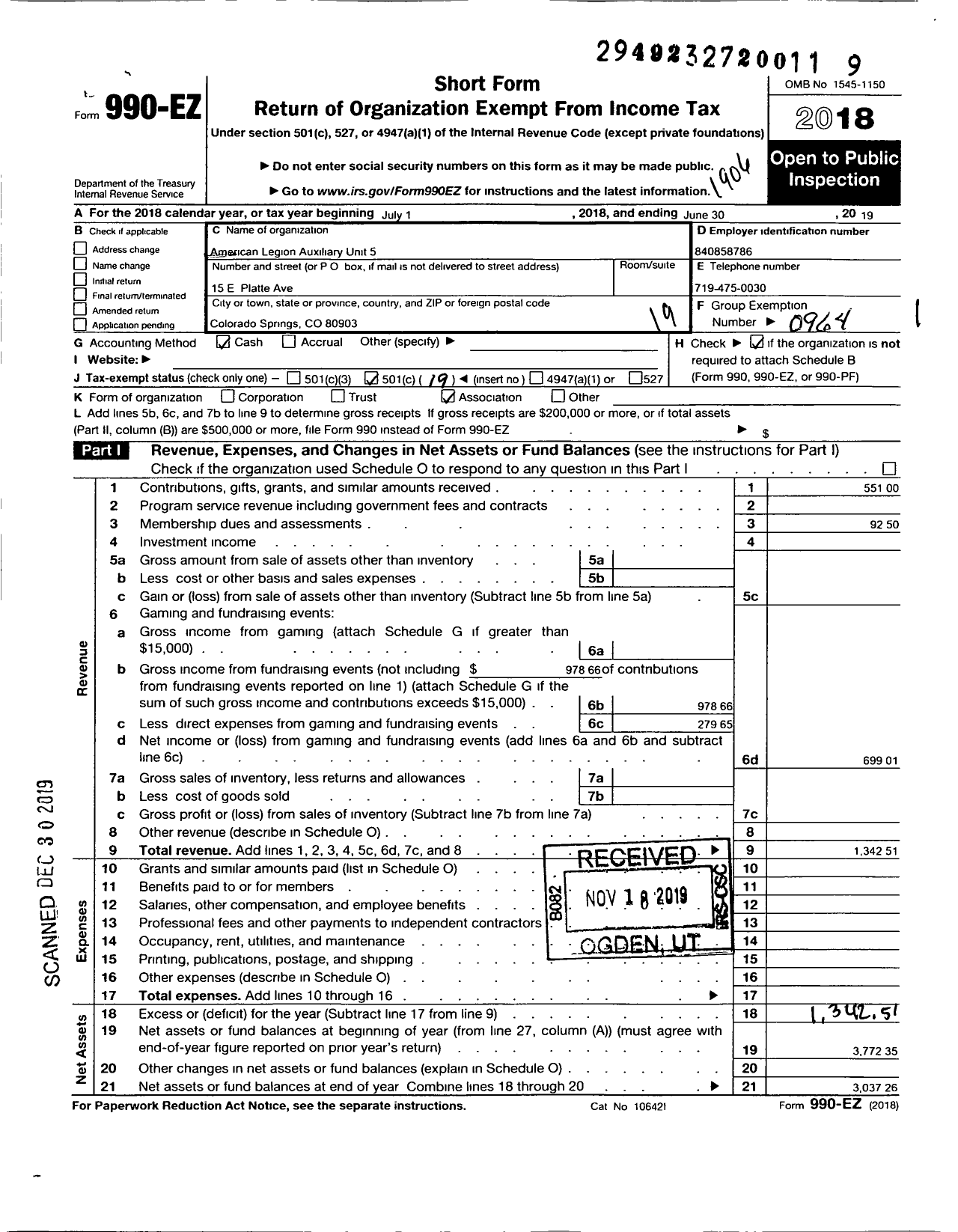 Image of first page of 2018 Form 990EO for American Legion Auxiliary Unit 5 / 5 Colorado Springs