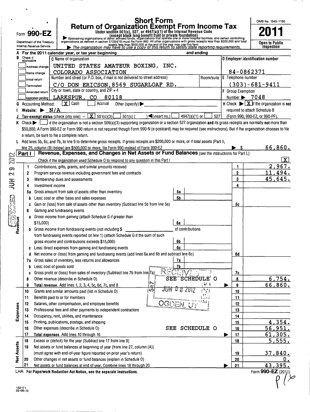 Image of first page of 2011 Form 990EZ for United States Amateur Boxing / Colorado Association