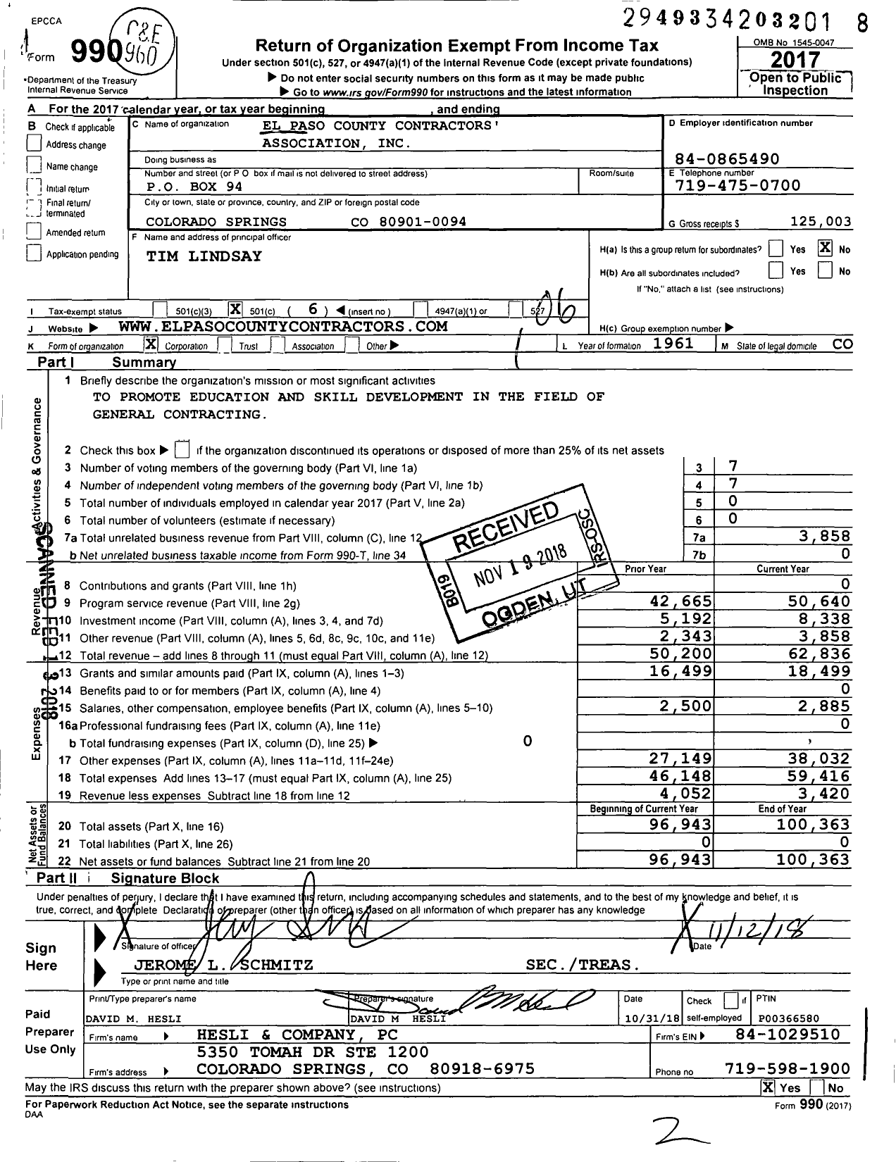 Image of first page of 2017 Form 990O for EL PASO CouNTY Contractors' ASSOCIATION