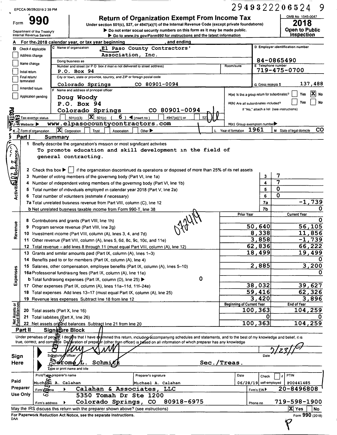 Image of first page of 2018 Form 990O for EL PASO CouNTY Contractors' ASSOCIATION