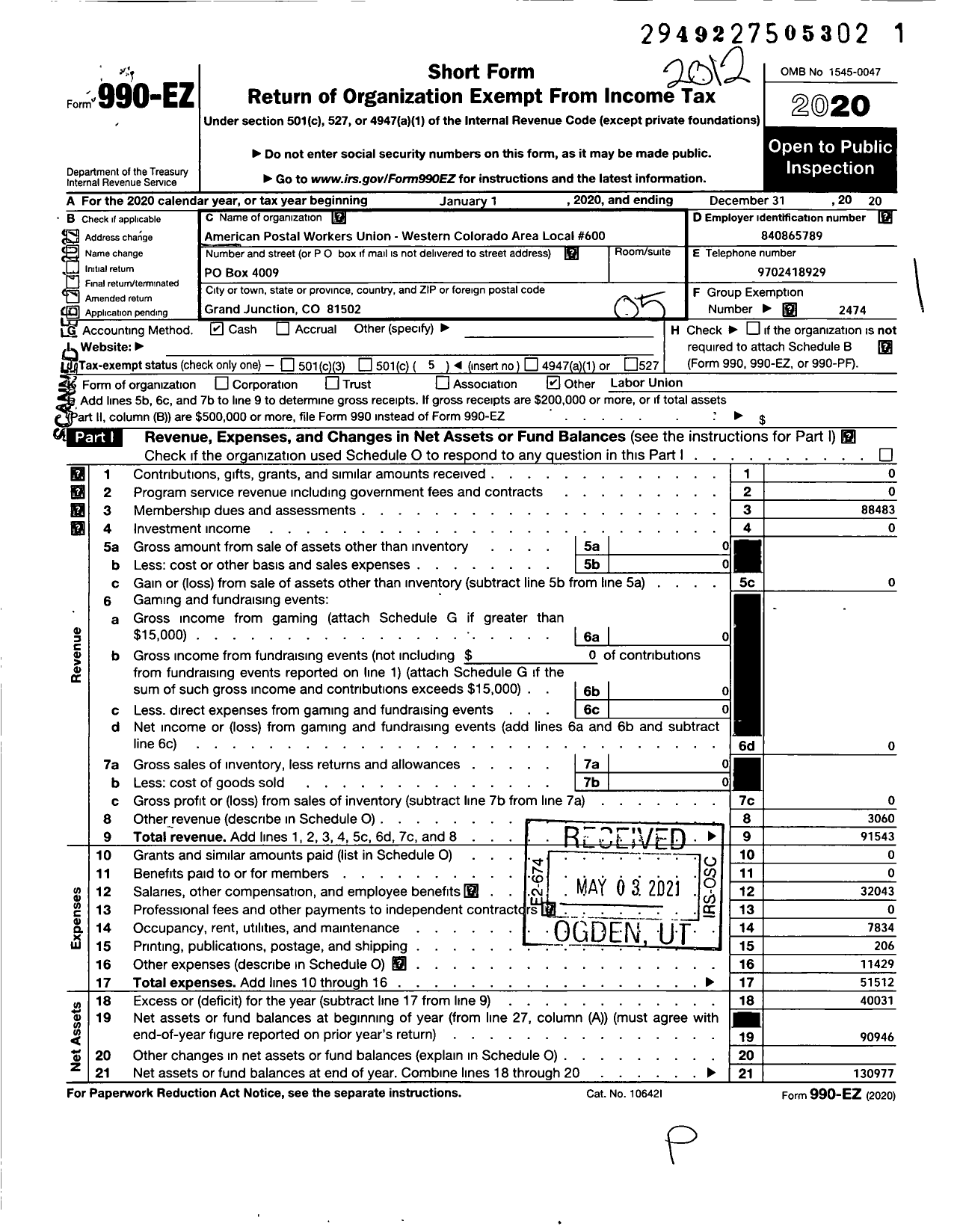 Image of first page of 2020 Form 990EO for AMERICAN POSTAL WORKERS UNION - 600 Western Colorado Area Local