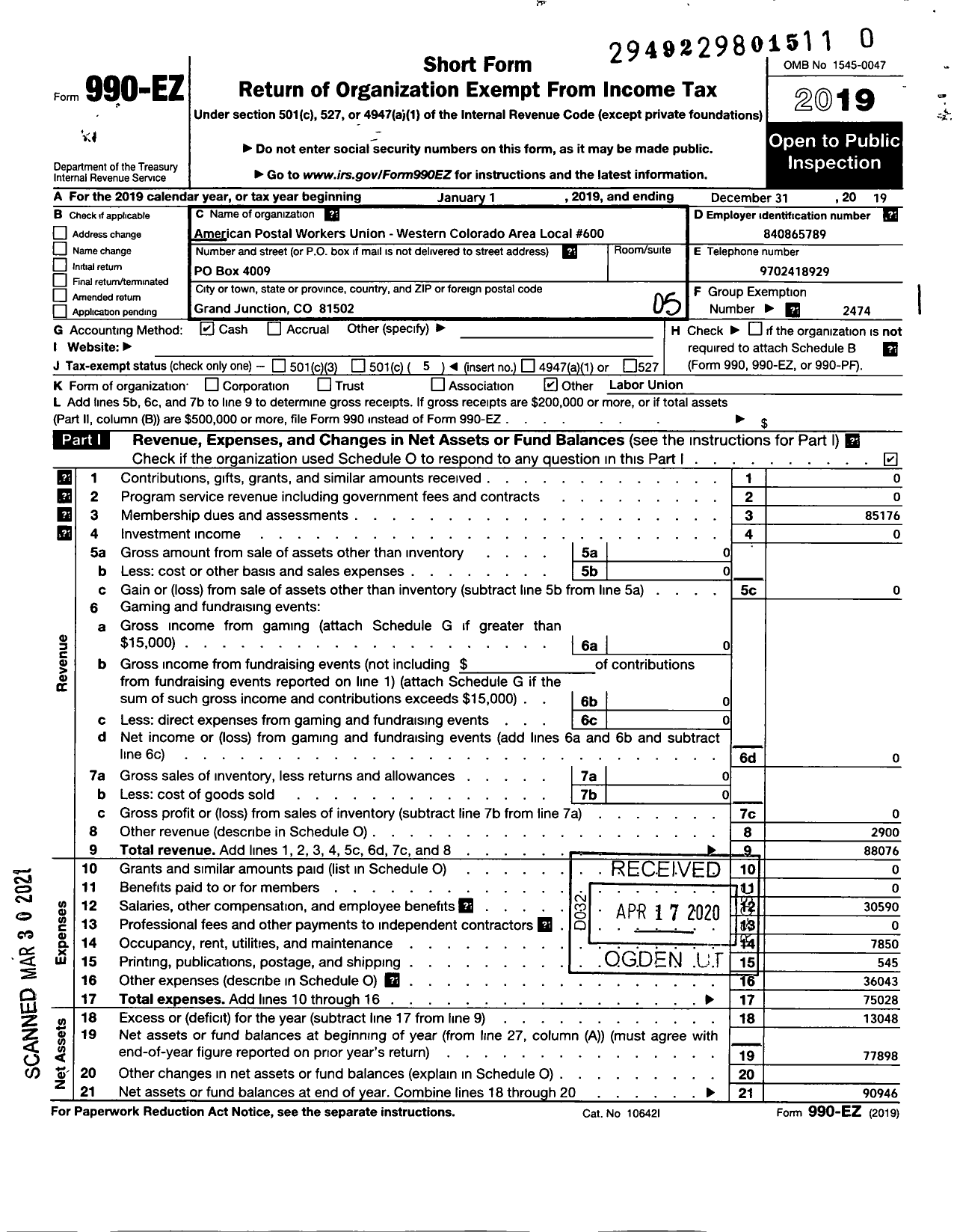 Image of first page of 2019 Form 990EO for AMERICAN POSTAL WORKERS UNION - 600 Western Colorado Area Local