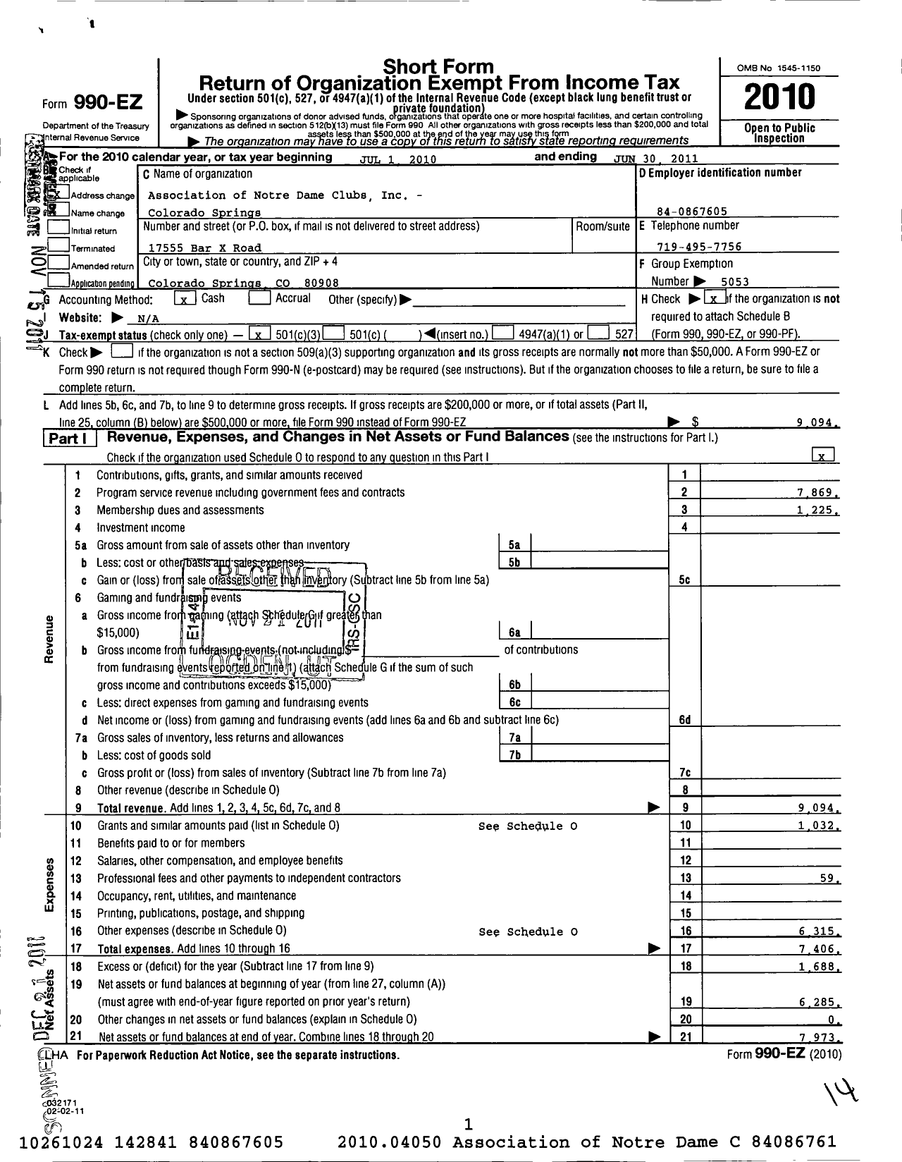 Image of first page of 2010 Form 990EZ for Association of Notre Dame Clubs Inc - Southern Colorado