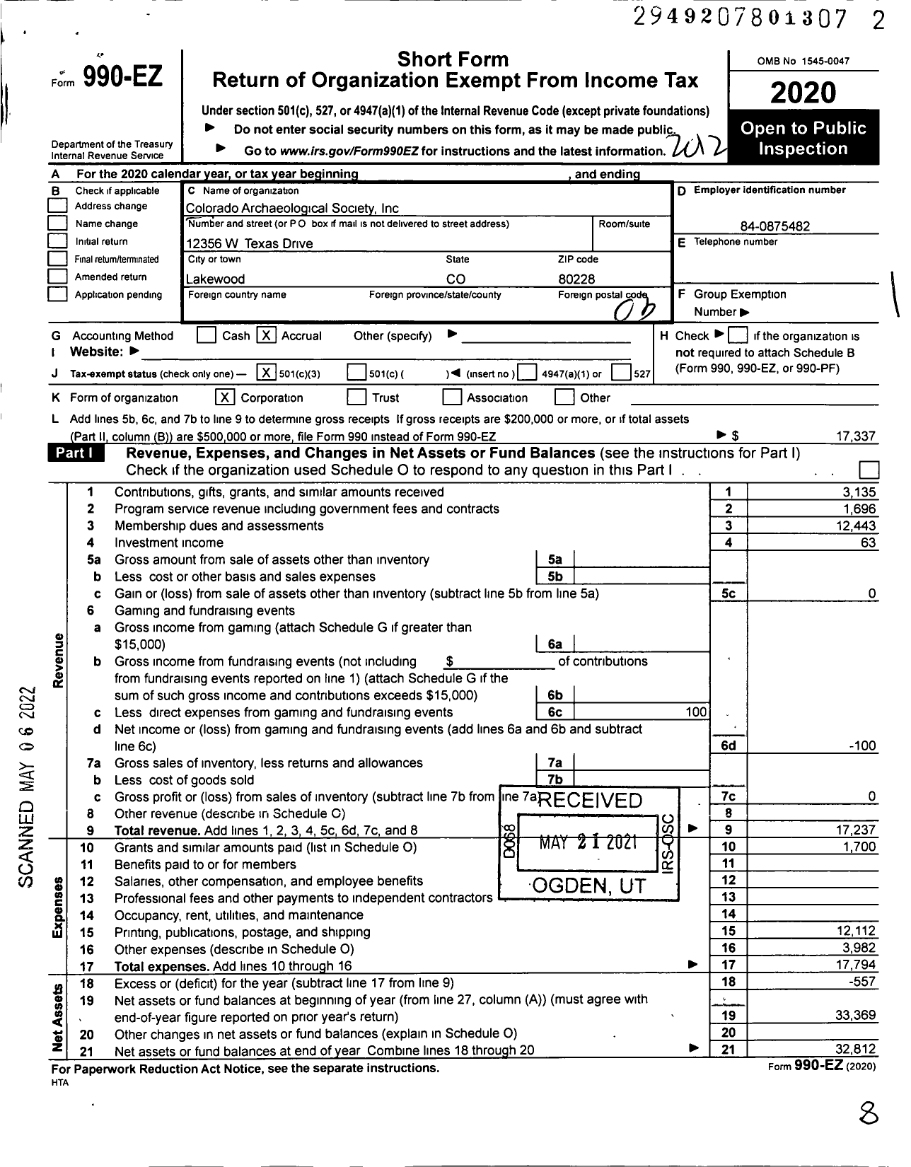 Image of first page of 2020 Form 990EZ for Colorado Archaeological Society