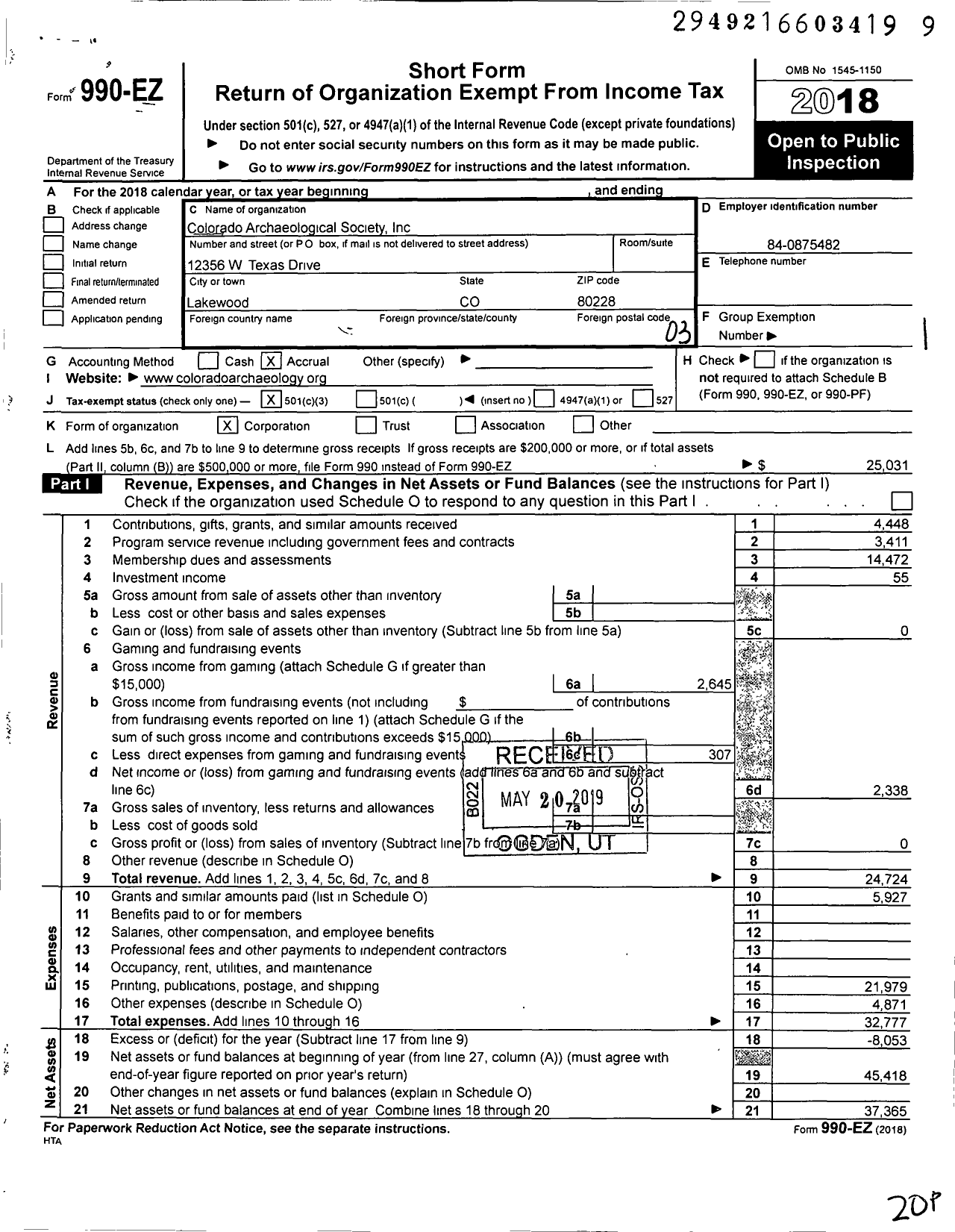 Image of first page of 2018 Form 990EZ for Colorado Archaeological Society