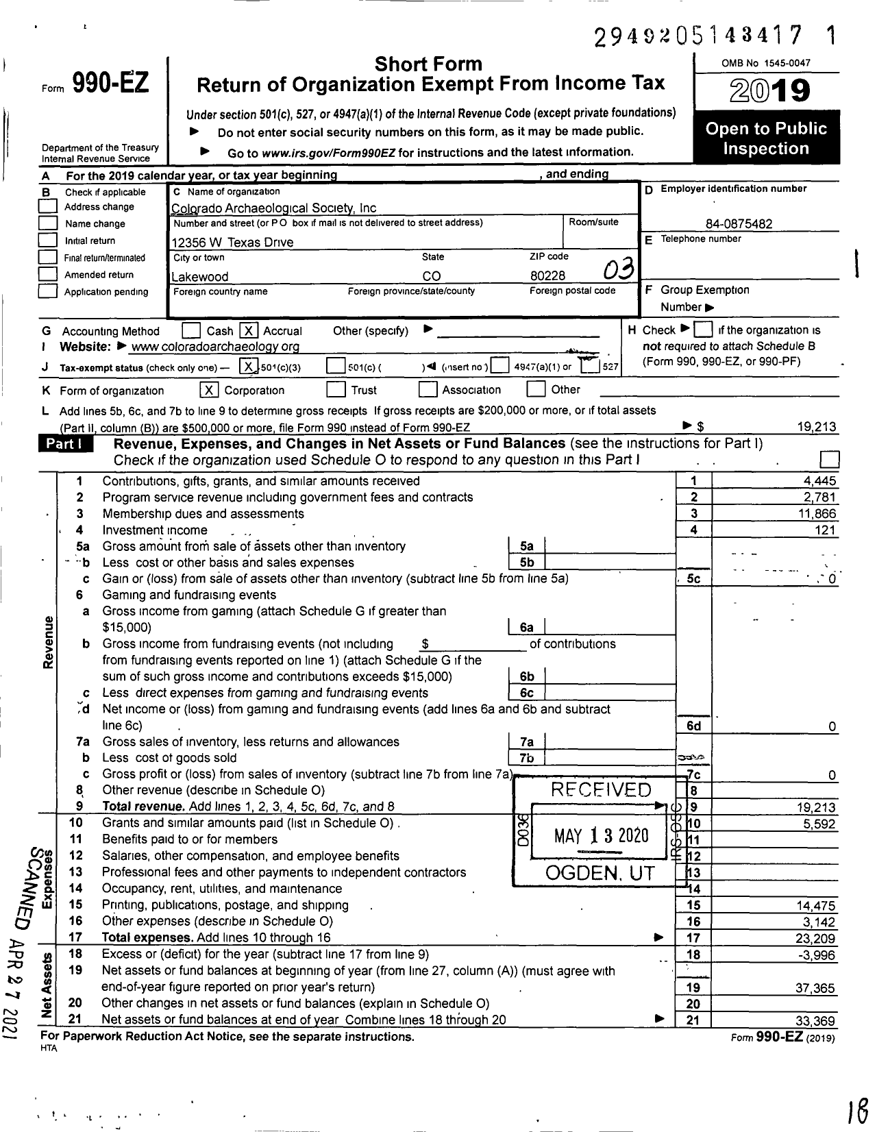 Image of first page of 2019 Form 990EZ for Colorado Archaeological Society