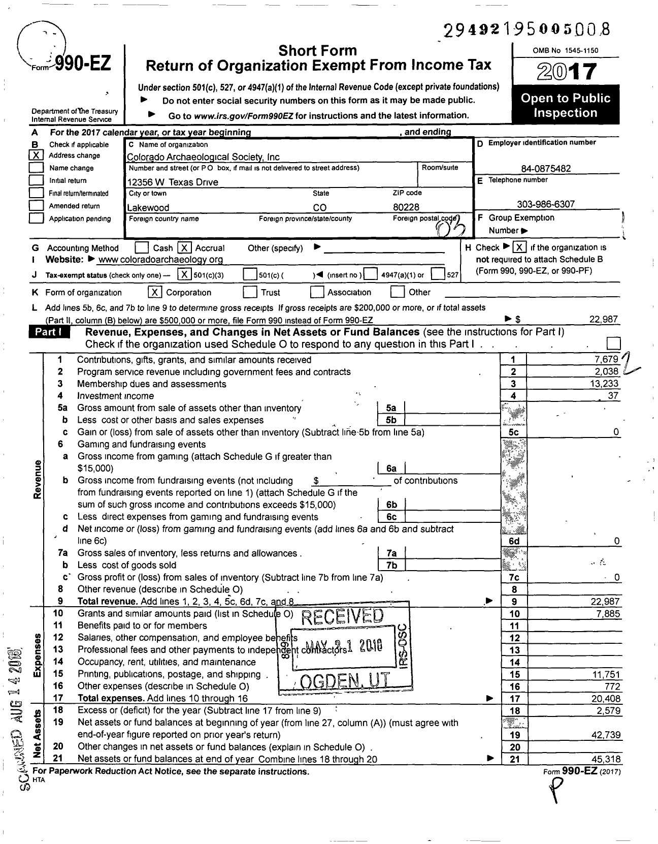 Image of first page of 2017 Form 990EZ for Colorado Archaeological Society