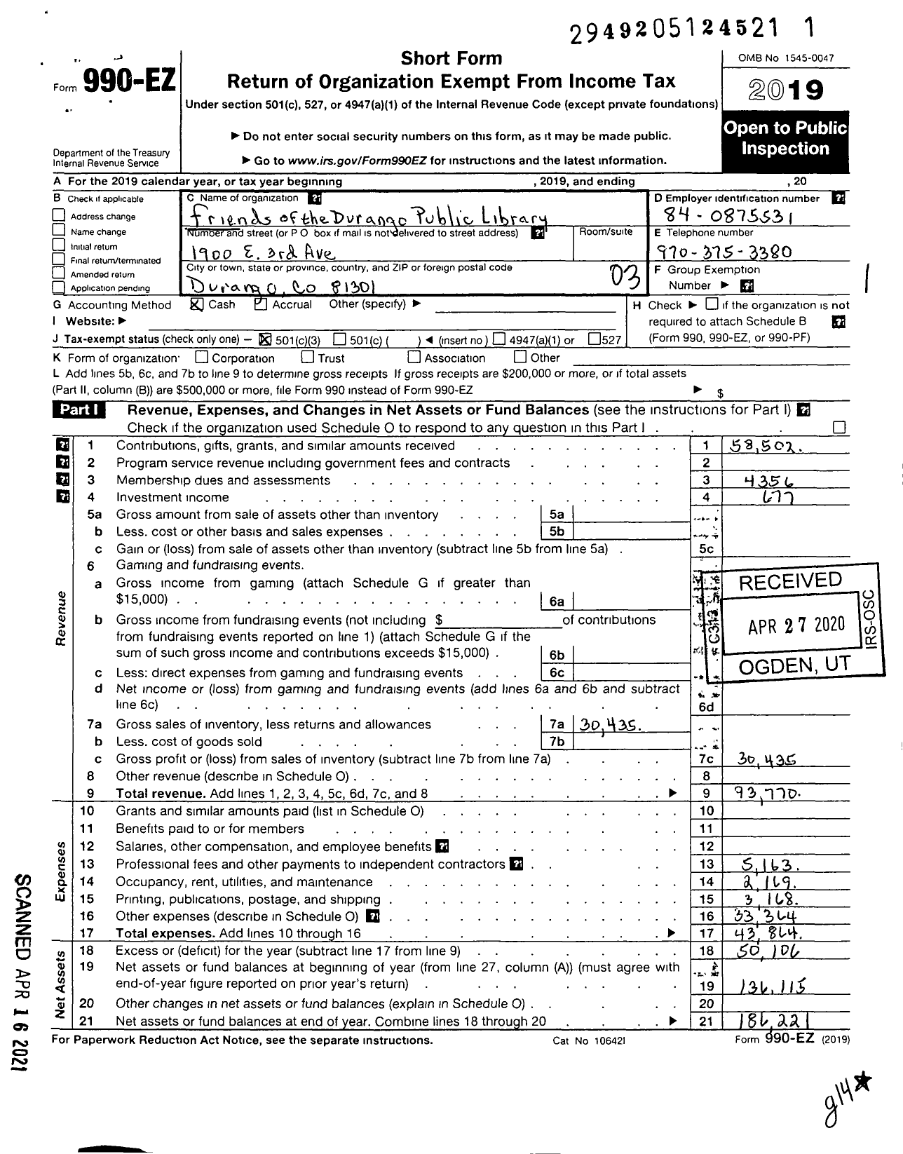 Image of first page of 2019 Form 990EZ for Friends of the Durango Public Library