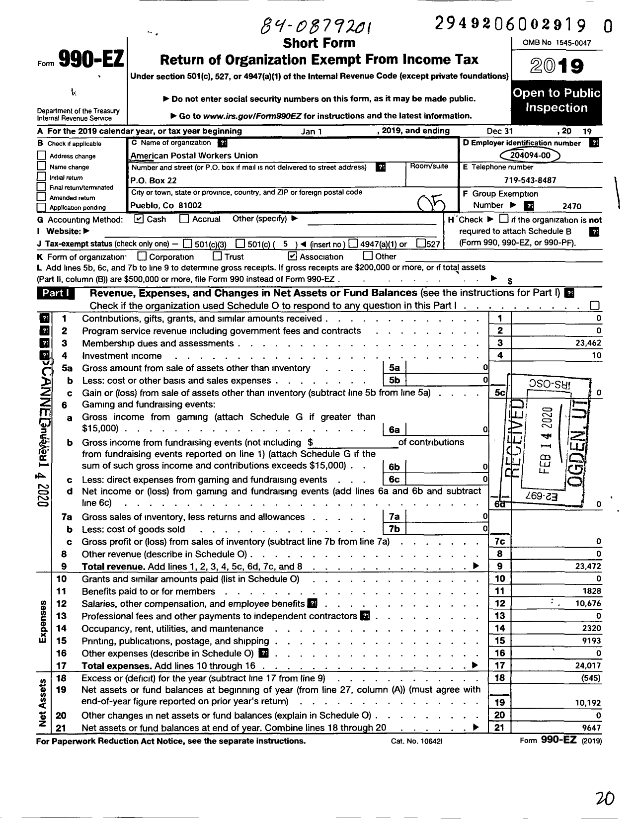 Image of first page of 2019 Form 990EO for American Postal Workers Union - 436 Pueblo Area Local