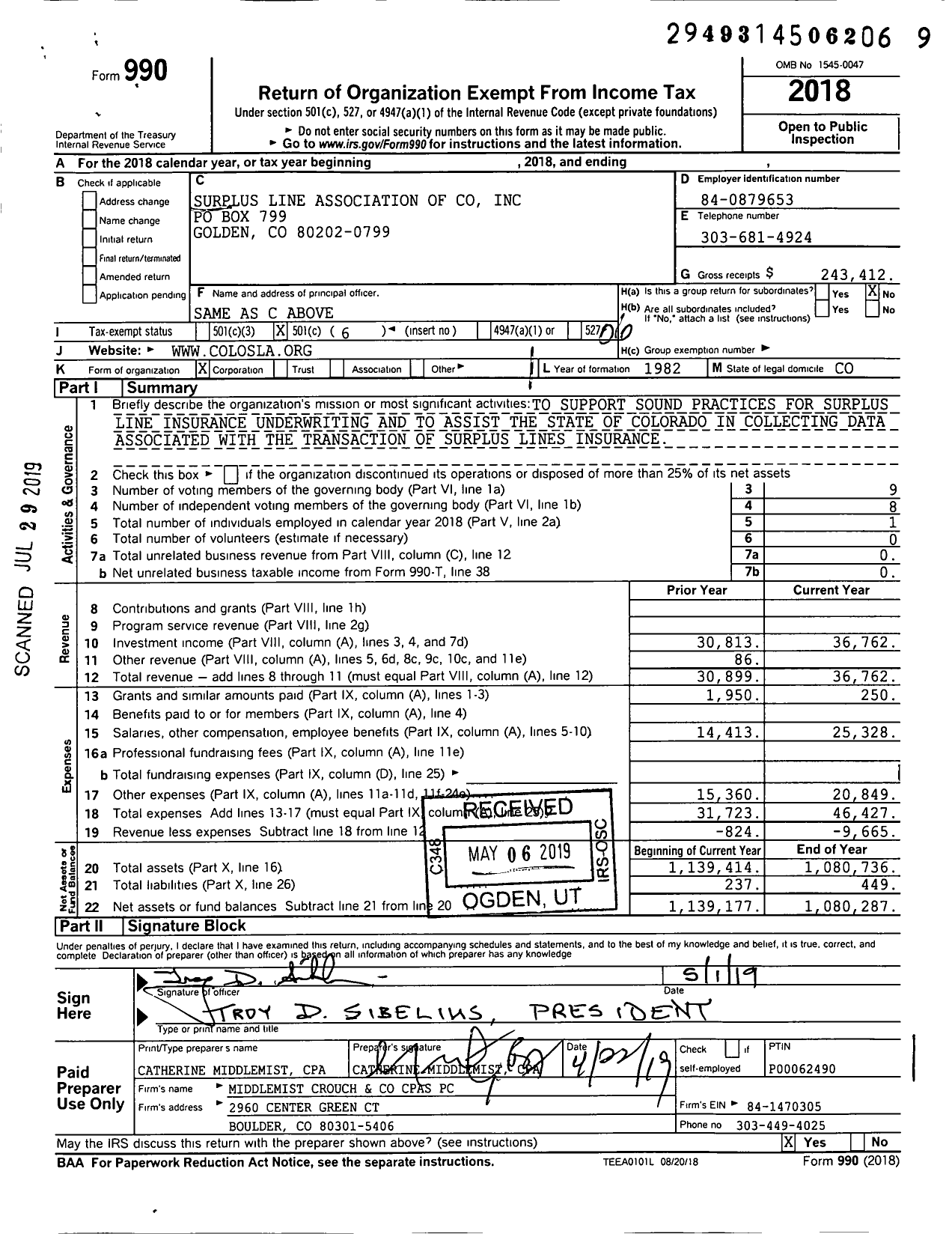 Image of first page of 2018 Form 990O for Surplus Line Association of