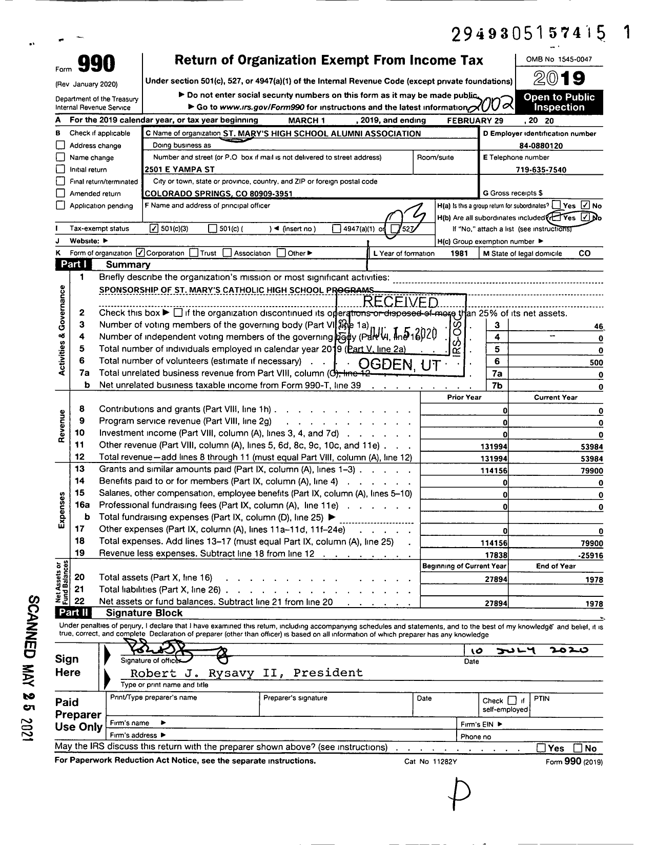 Image of first page of 2019 Form 990 for St Marys High School Alumni Association