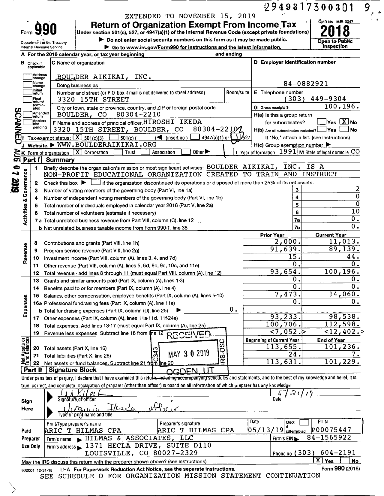 Image of first page of 2018 Form 990 for Boulder Aikikai