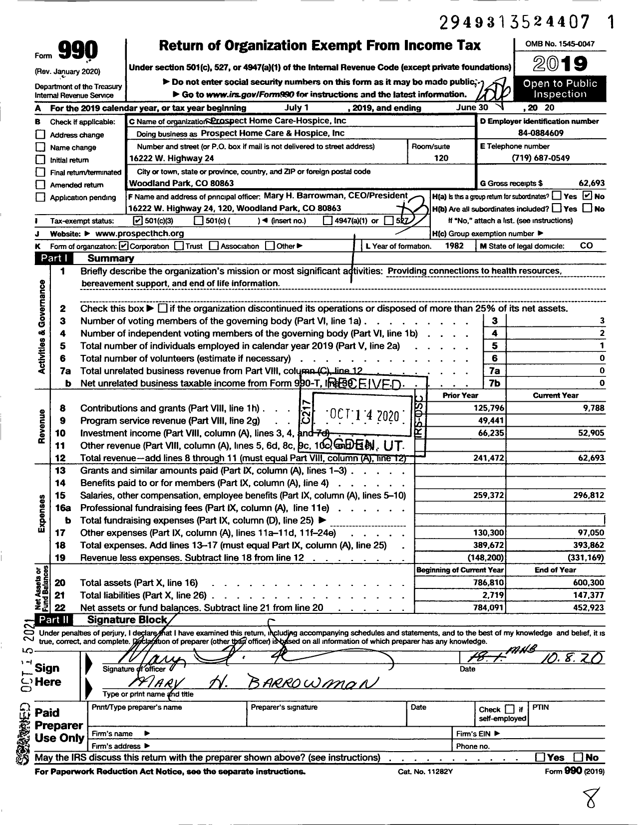 Image of first page of 2019 Form 990 for Prospect