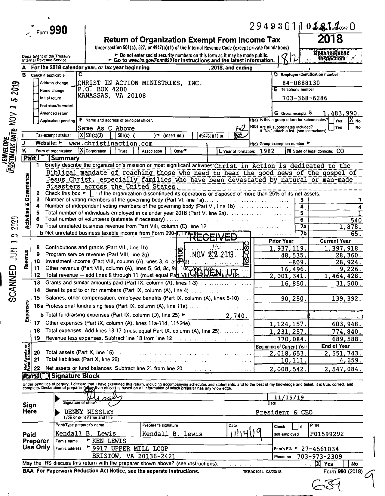 Image of first page of 2018 Form 990 for Christ In Action Ministries