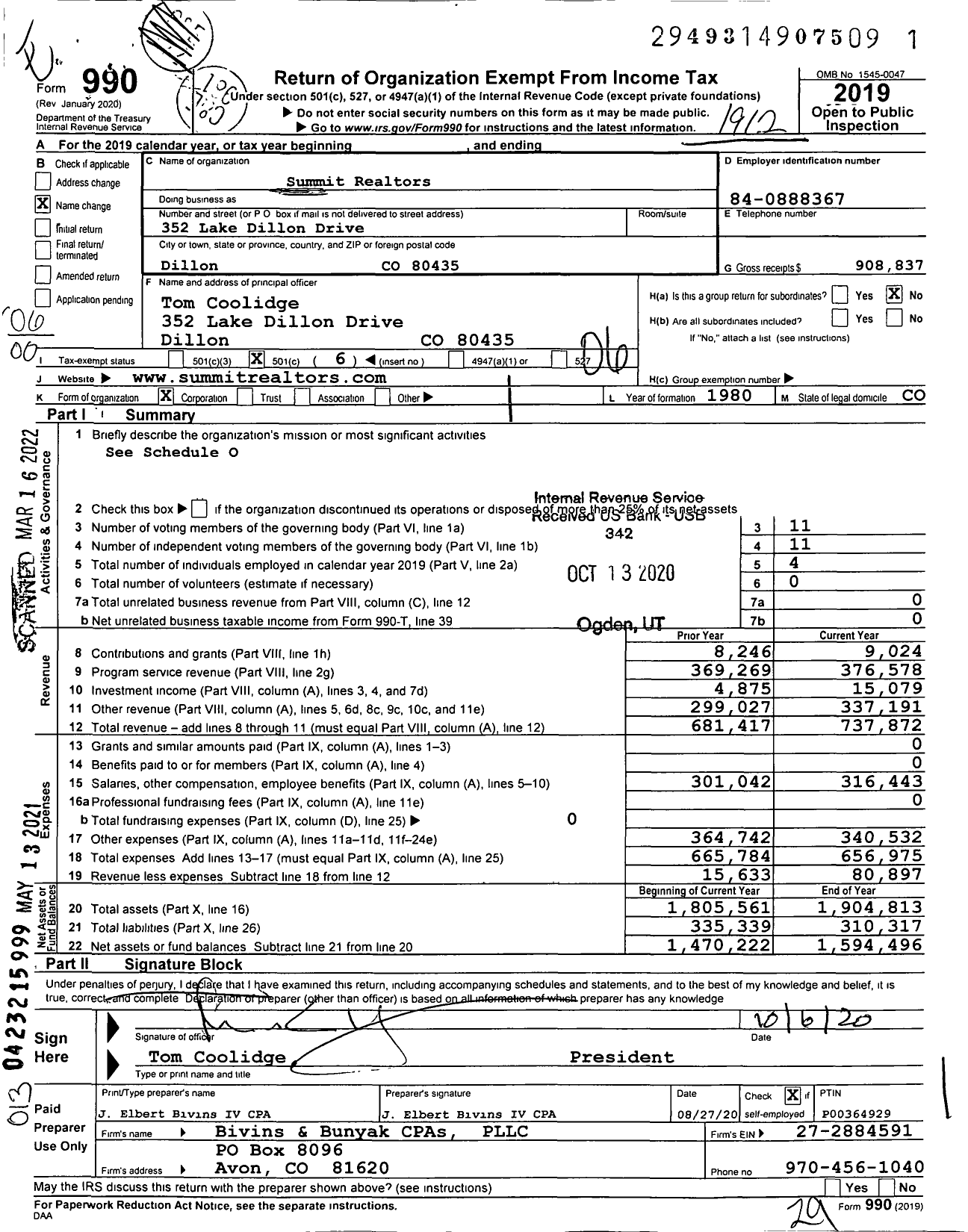 Image of first page of 2019 Form 990O for Summit Realtors