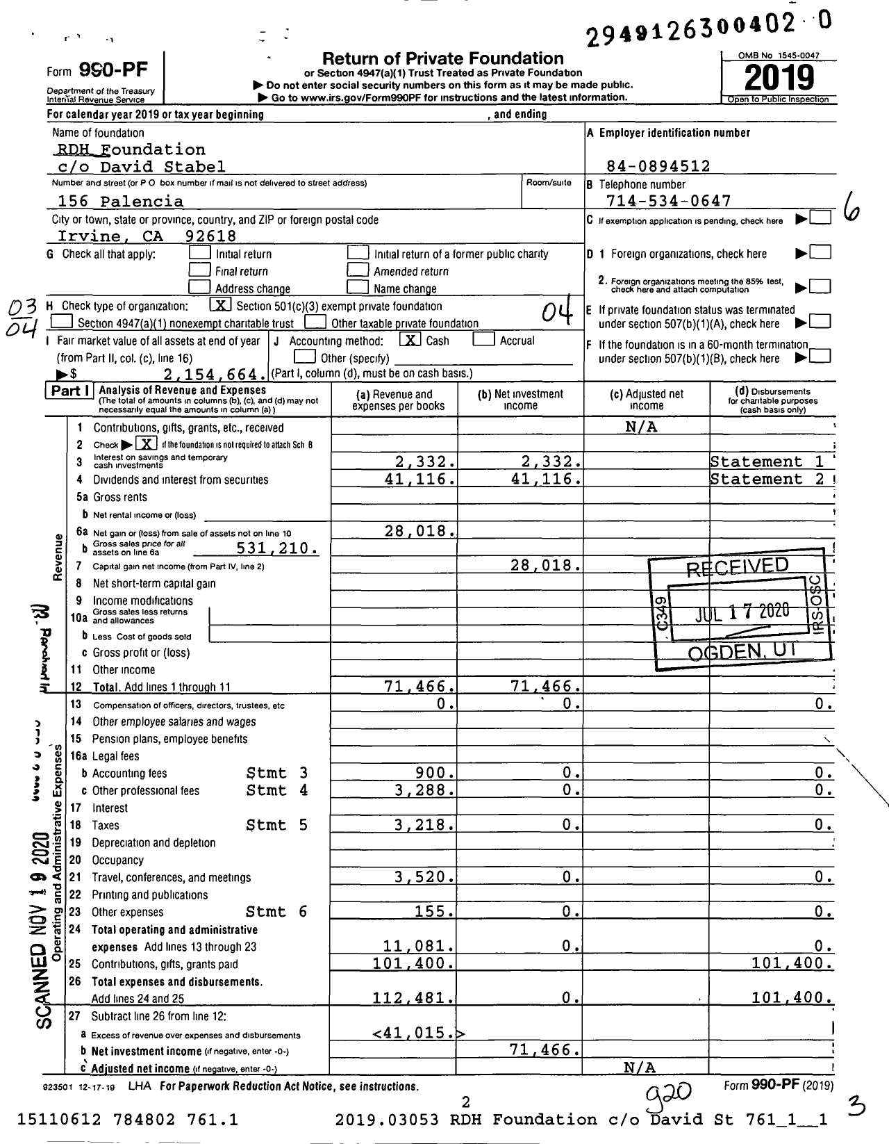 Image of first page of 2019 Form 990PF for RDH Foundation