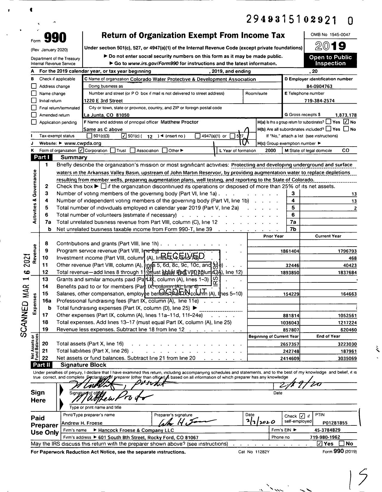 Image of first page of 2019 Form 990O for Arkansas Groundwater and Reservoir Association