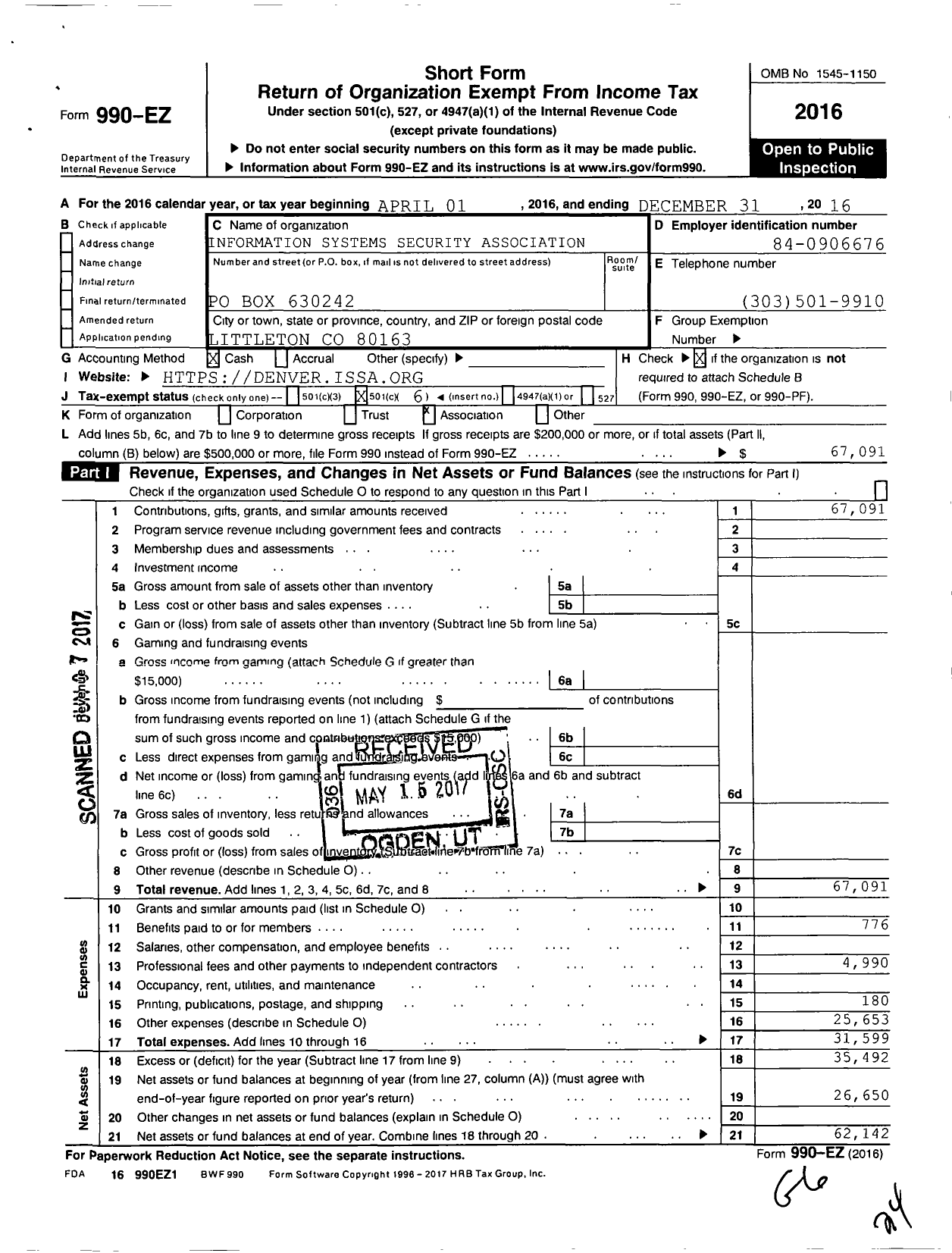 Image of first page of 2016 Form 990EO for Information Systems Security Association / Denver Chapter