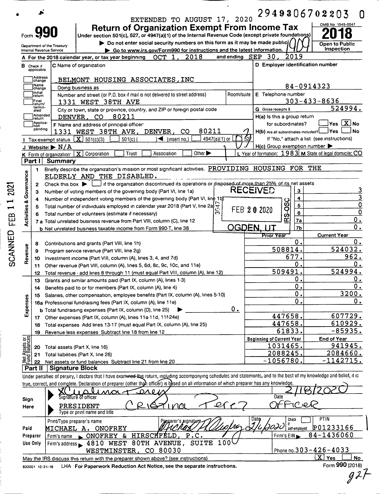 Image of first page of 2018 Form 990 for Belmont Housing Associates