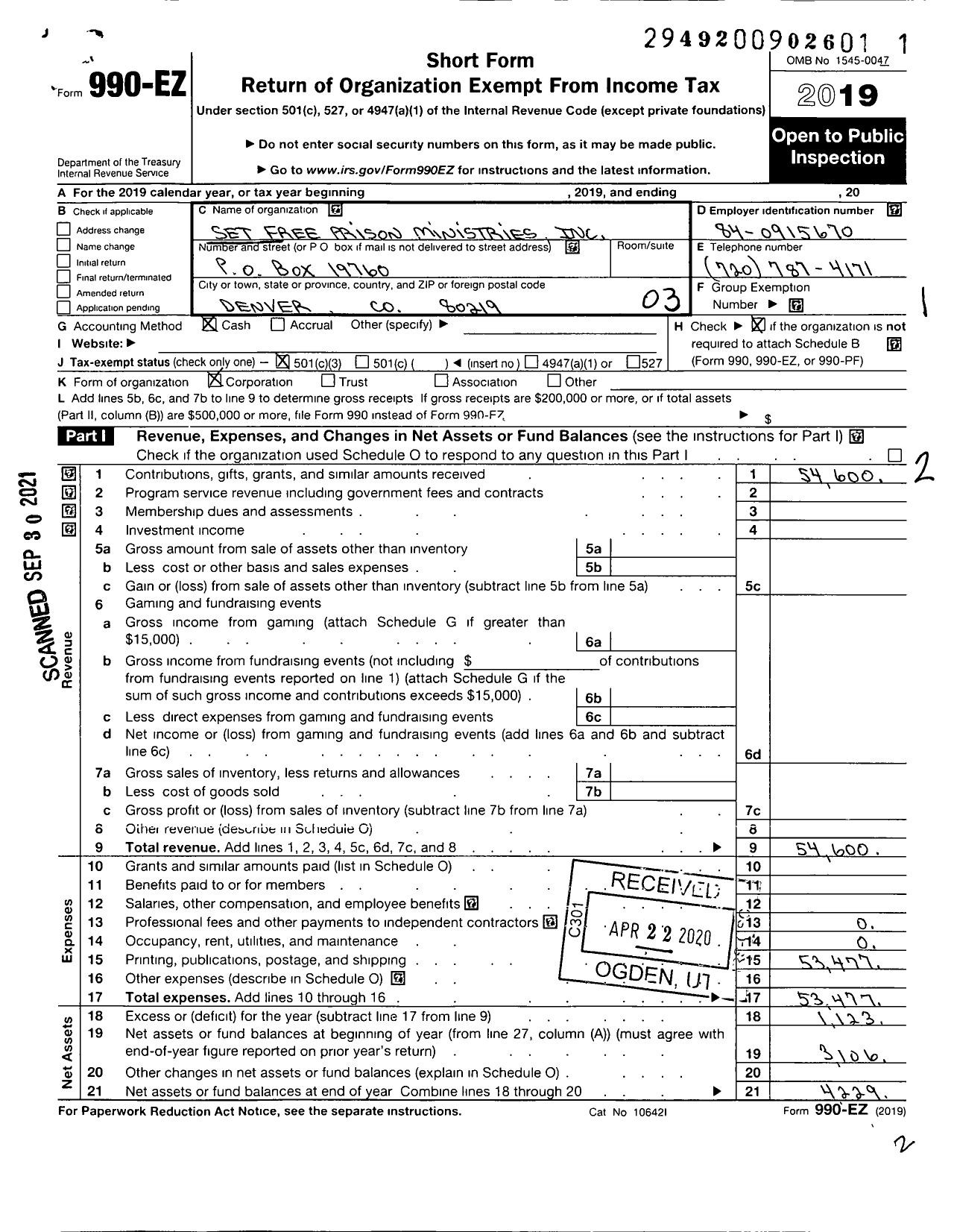 Image of first page of 2019 Form 990EZ for Set Free Prison Ministries