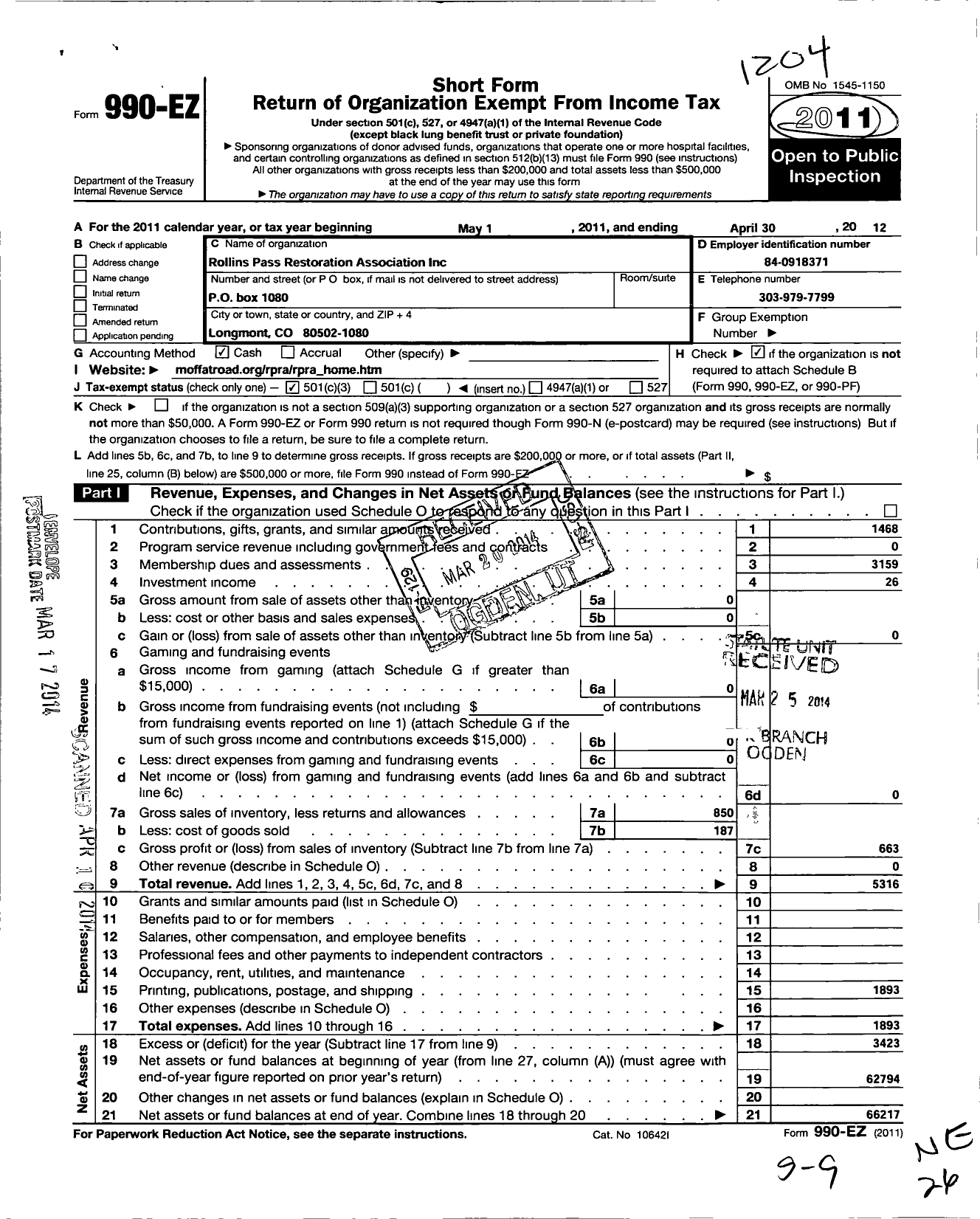 Image of first page of 2011 Form 990EZ for Rollins Pass Restoration Association