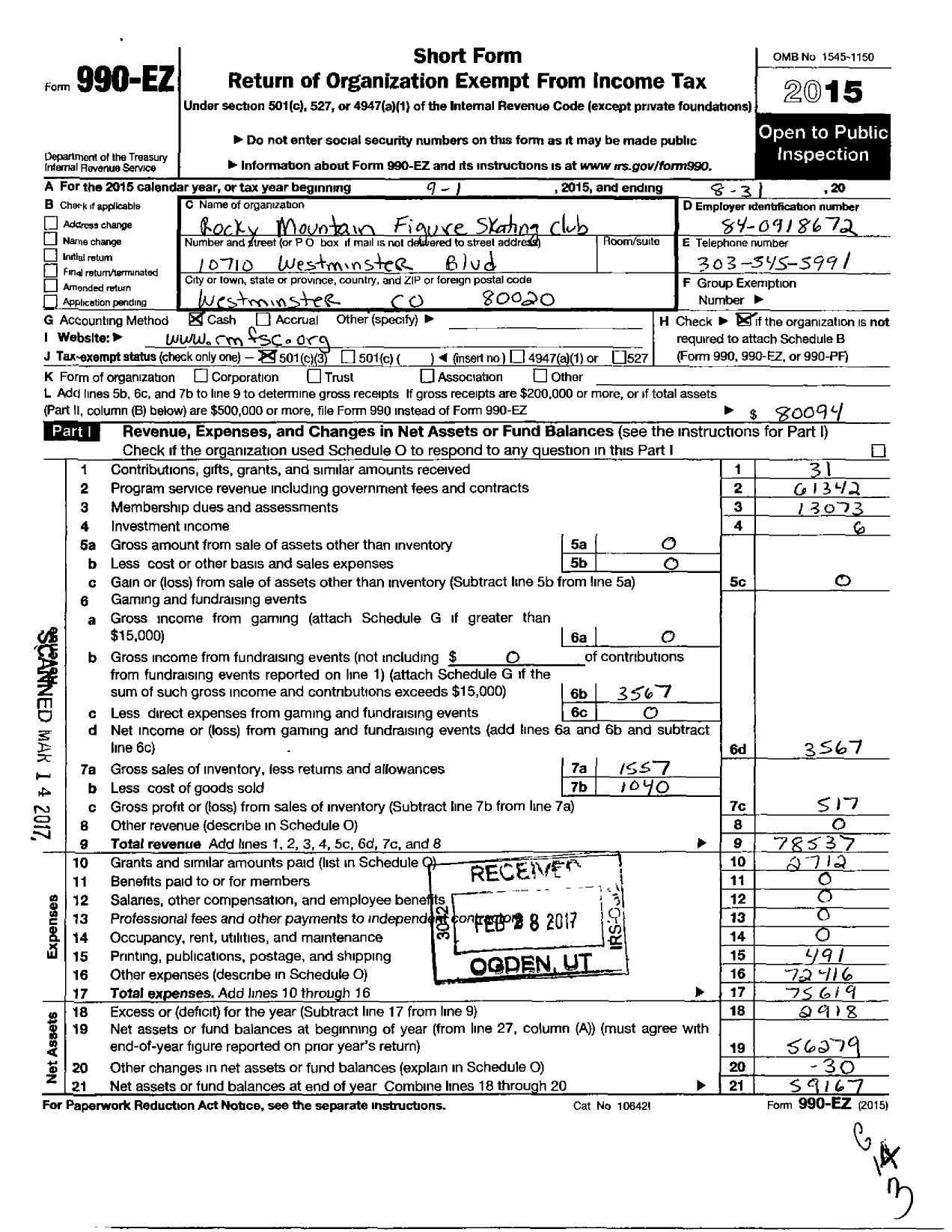 Image of first page of 2014 Form 990EZ for Rocky Mountain Figure Skating Club