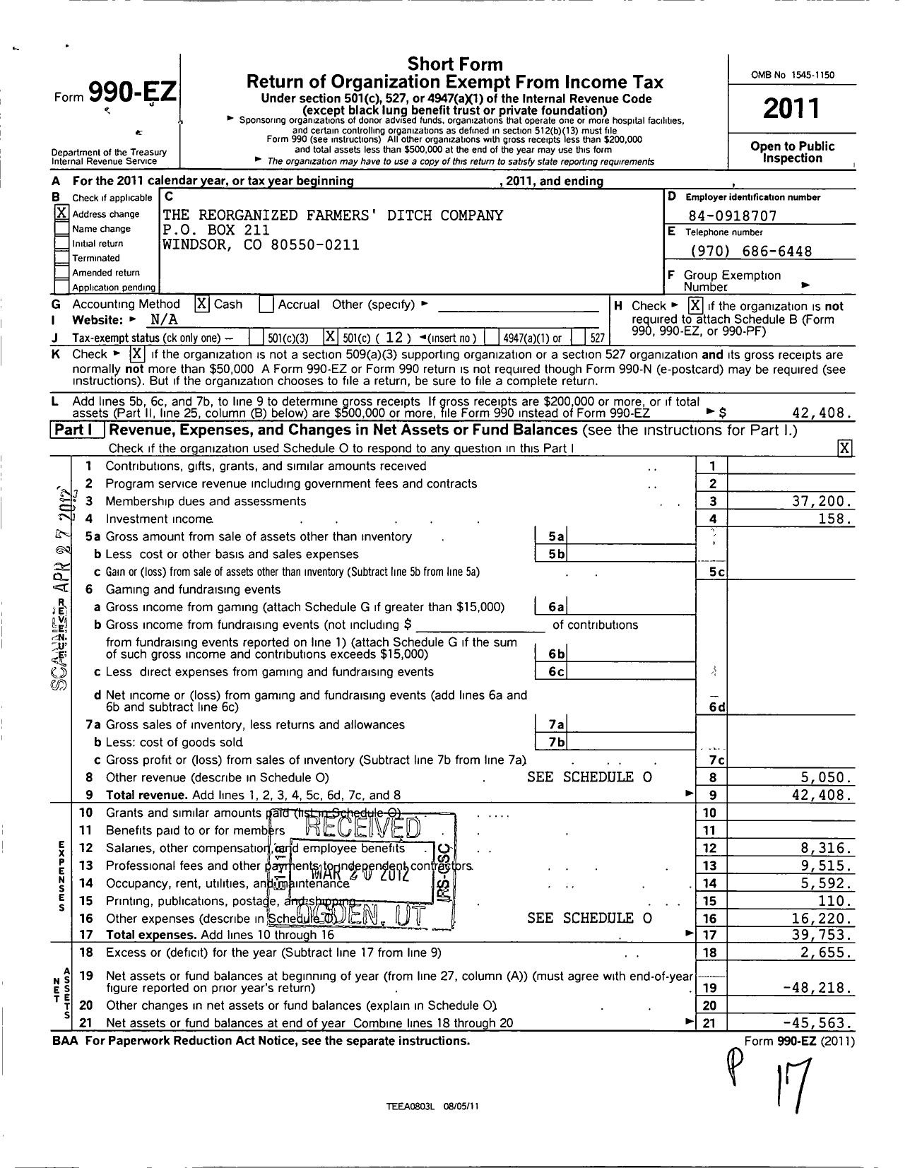 Image of first page of 2011 Form 990EO for The Reorganized Farmers Ditch Company