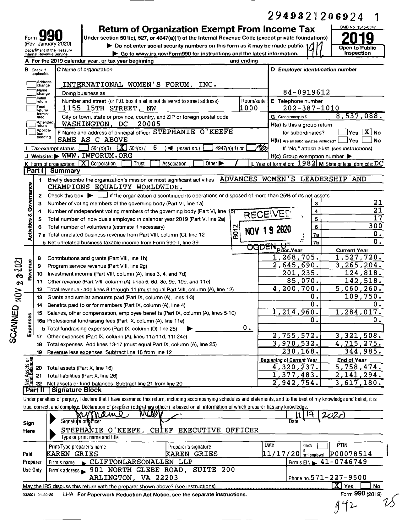 Image of first page of 2019 Form 990O for International Womens Forum (IWF)