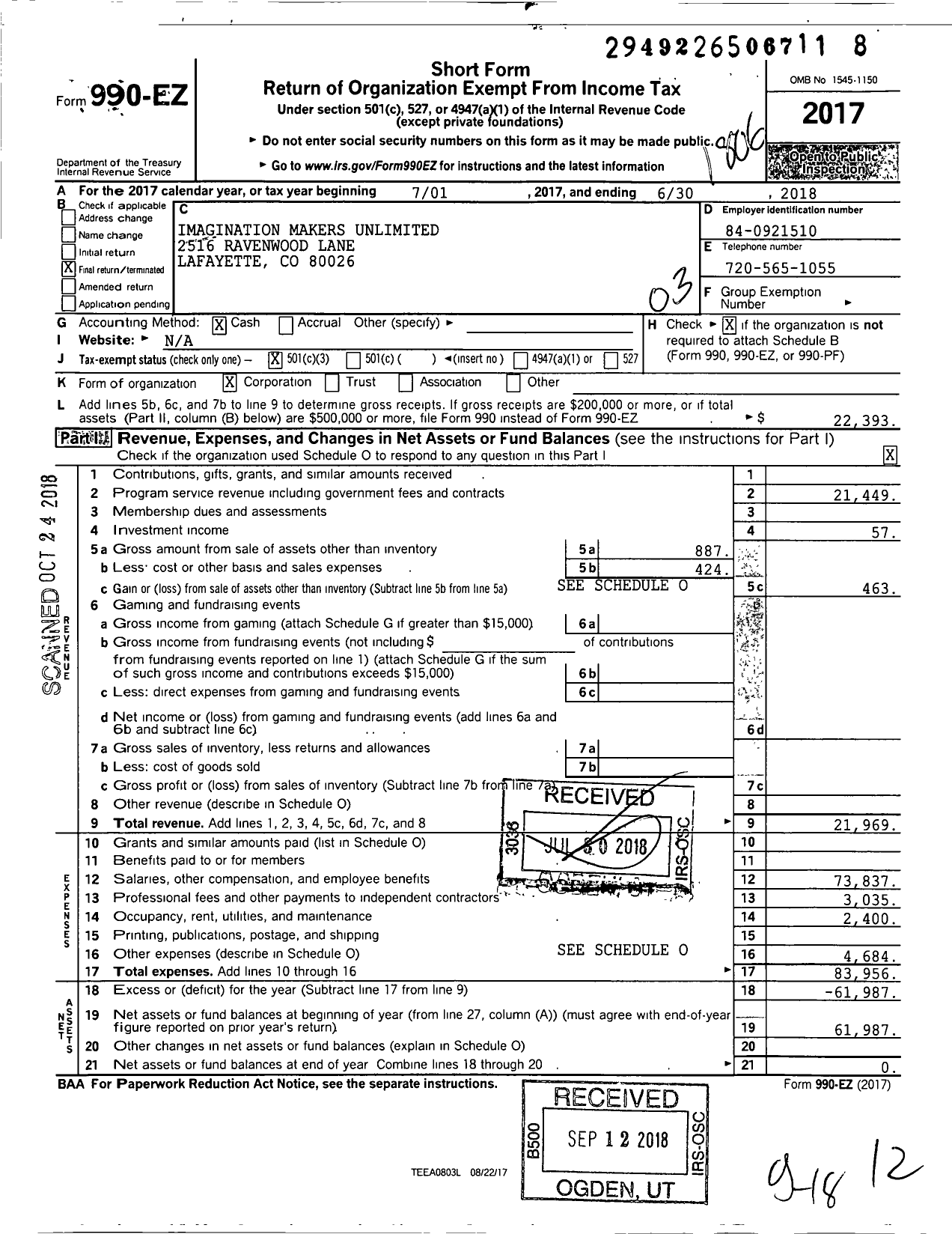 Image of first page of 2017 Form 990EZ for Imagination Makers Unlimited