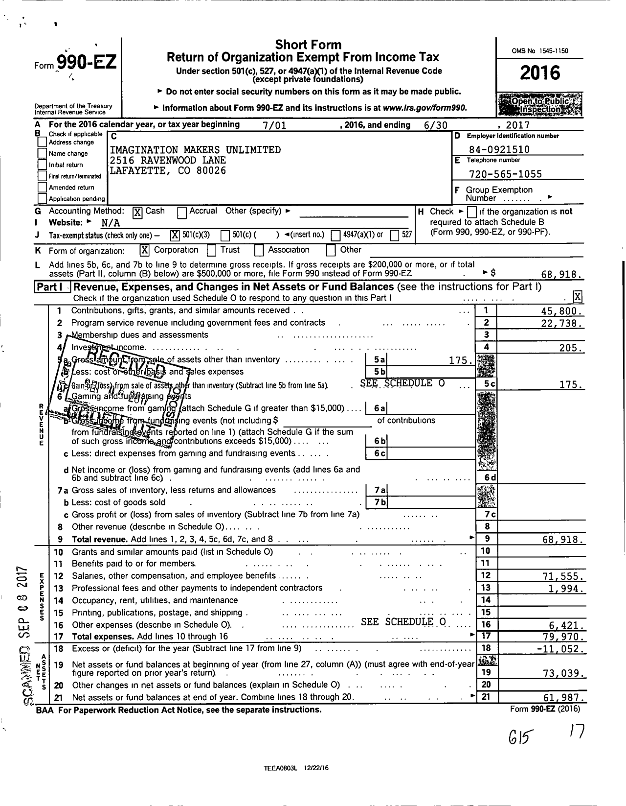 Image of first page of 2016 Form 990EZ for Imagination Makers Unlimited