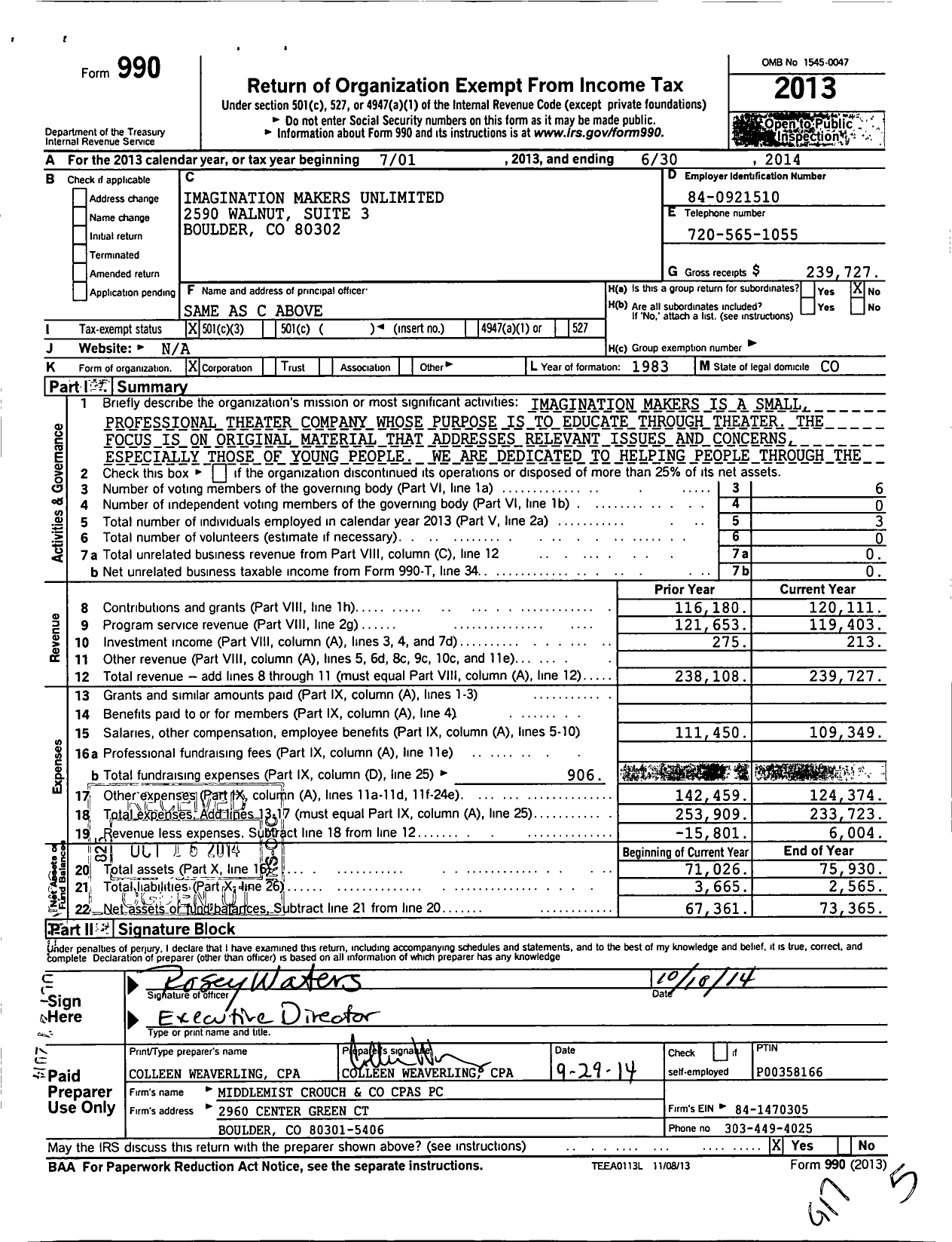 Image of first page of 2013 Form 990 for Imagination Makers Unlimited