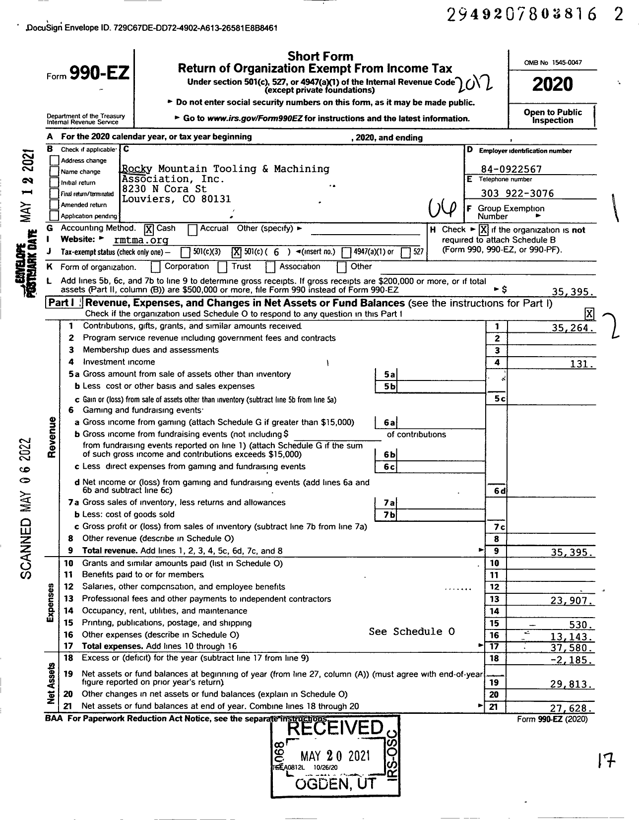 Image of first page of 2020 Form 990EO for Rocky Mountain Tooling and Machine Association