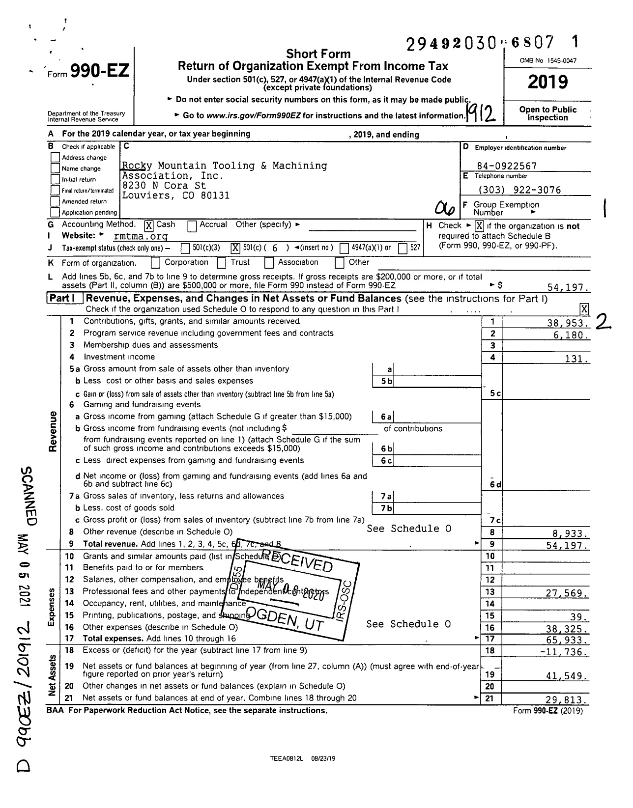 Image of first page of 2019 Form 990EO for Rocky Mountain Tooling and Machine Association