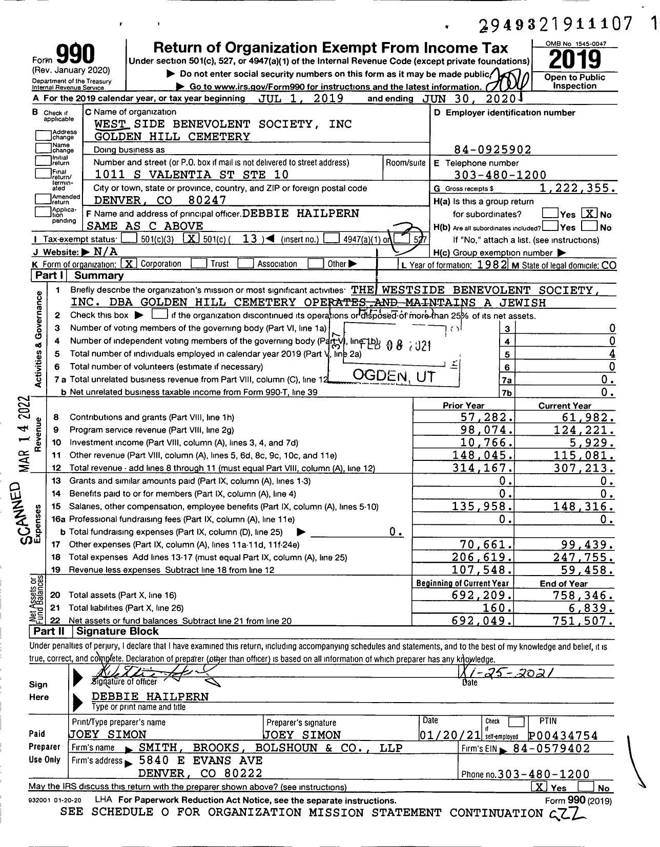 Image of first page of 2019 Form 990O for West Side Benevolent Society Golden Hill Cemetery