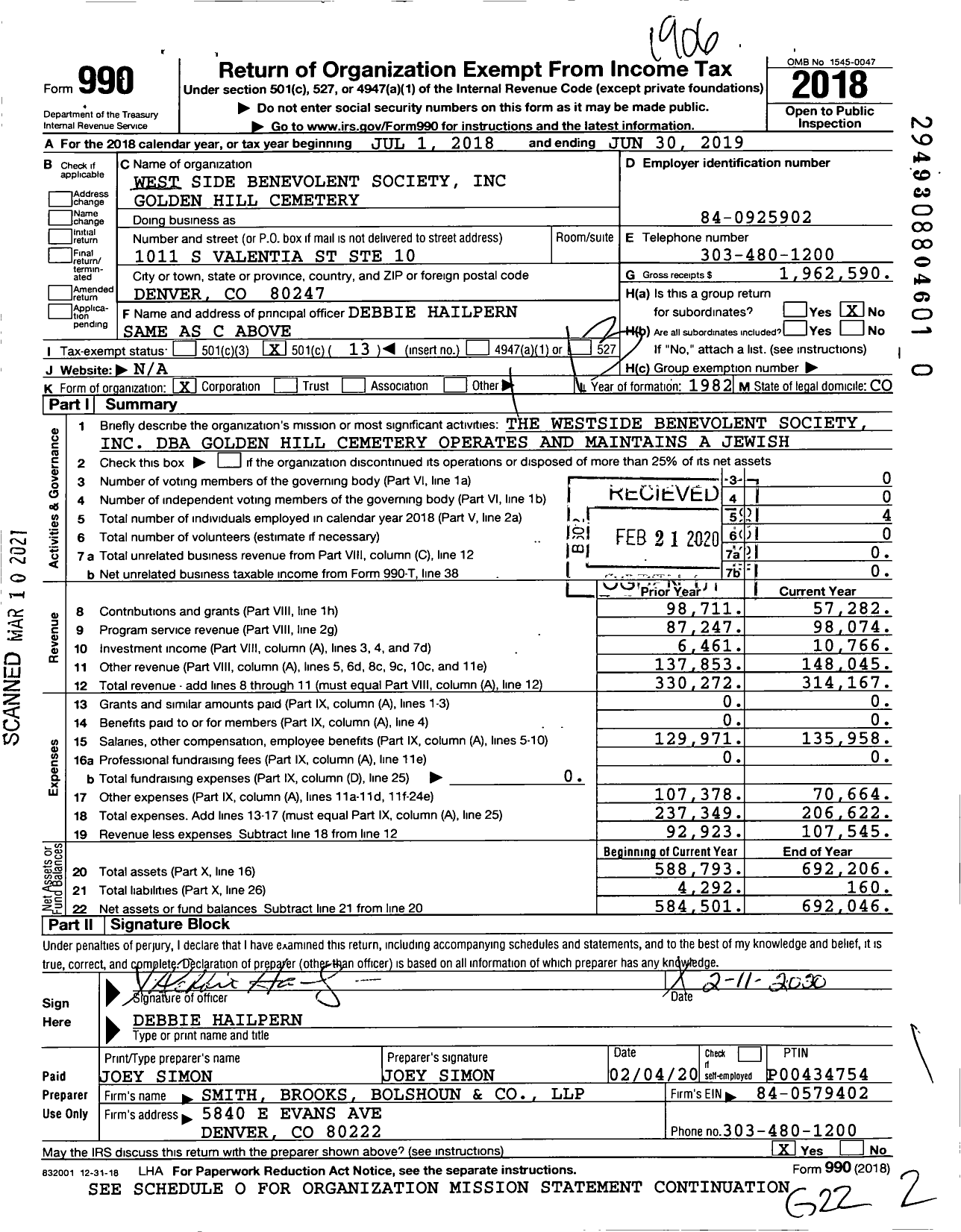 Image of first page of 2018 Form 990O for West Side Benevolent Society Golden Hill Cemetery