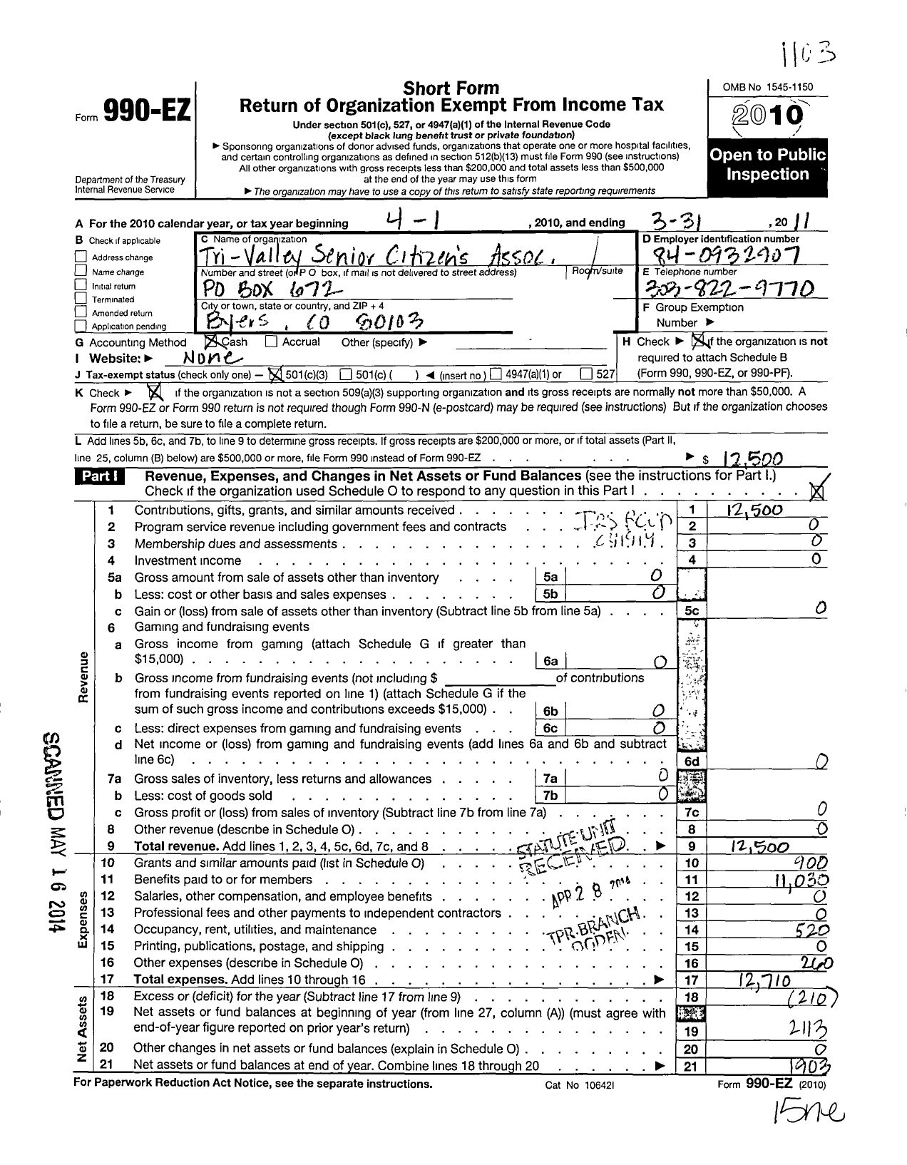 Image of first page of 2010 Form 990EZ for Tri Valley Senior Citizens Association