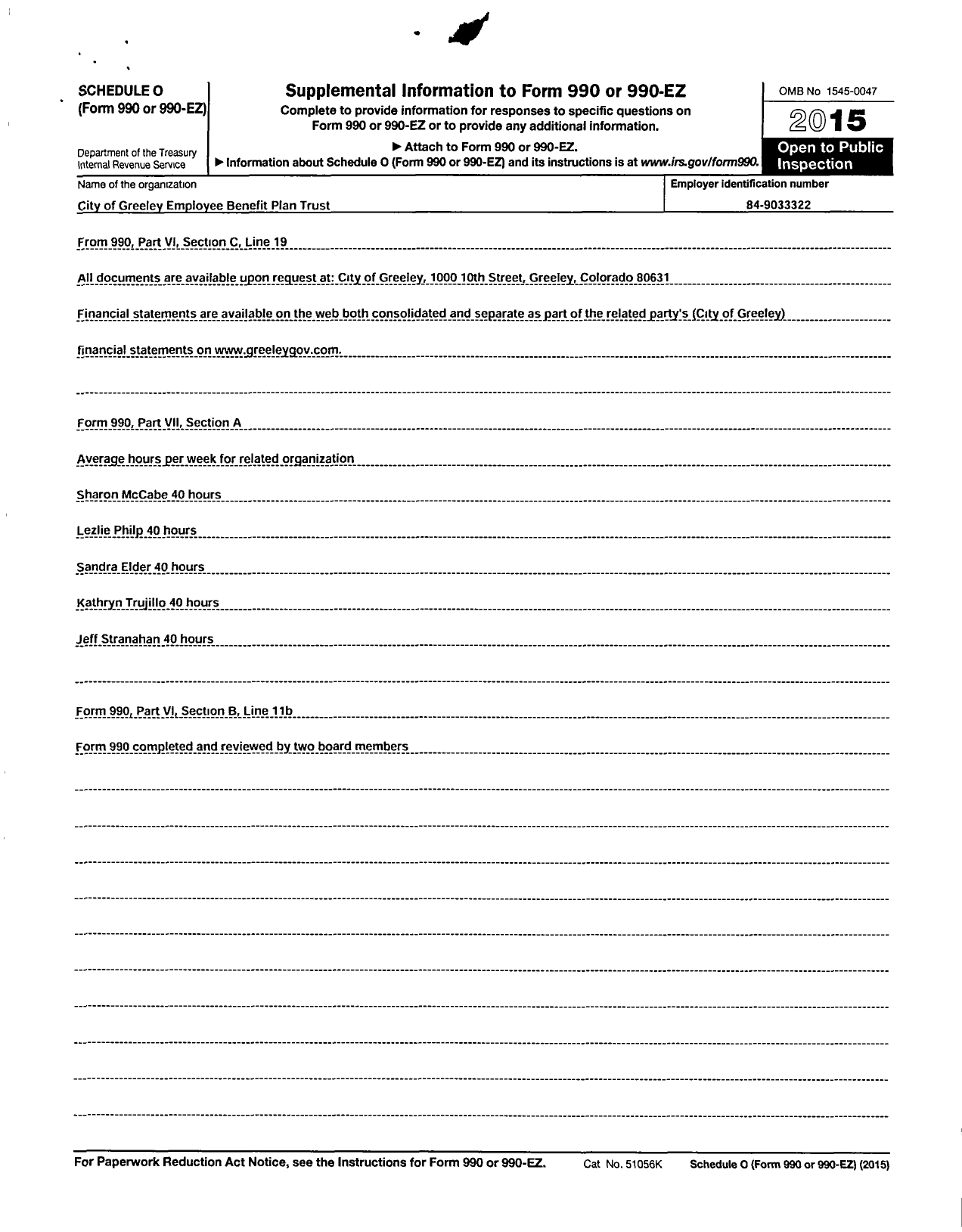 Image of first page of 2015 Form 990R for City of Greeley Employee Benefit Plan Trust