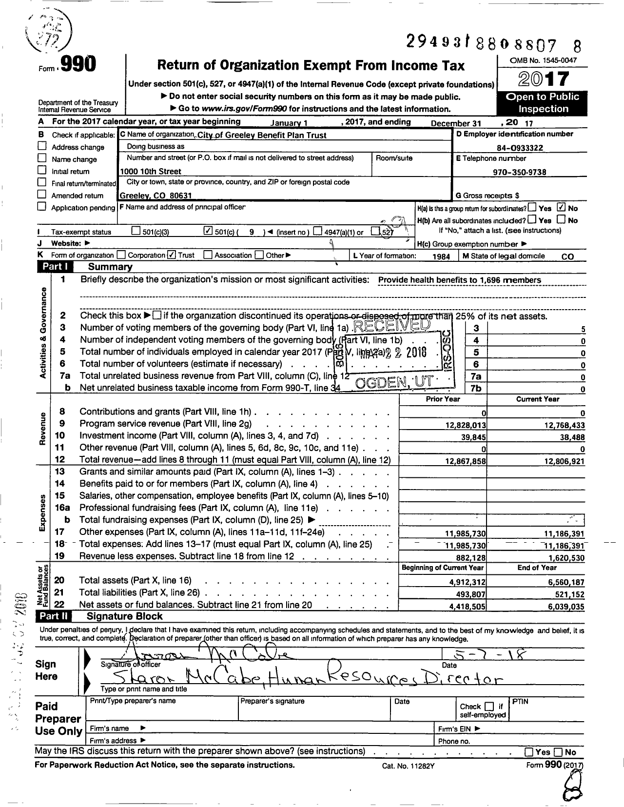 Image of first page of 2017 Form 990O for City of Greeley Employee Benefit Plan Trust