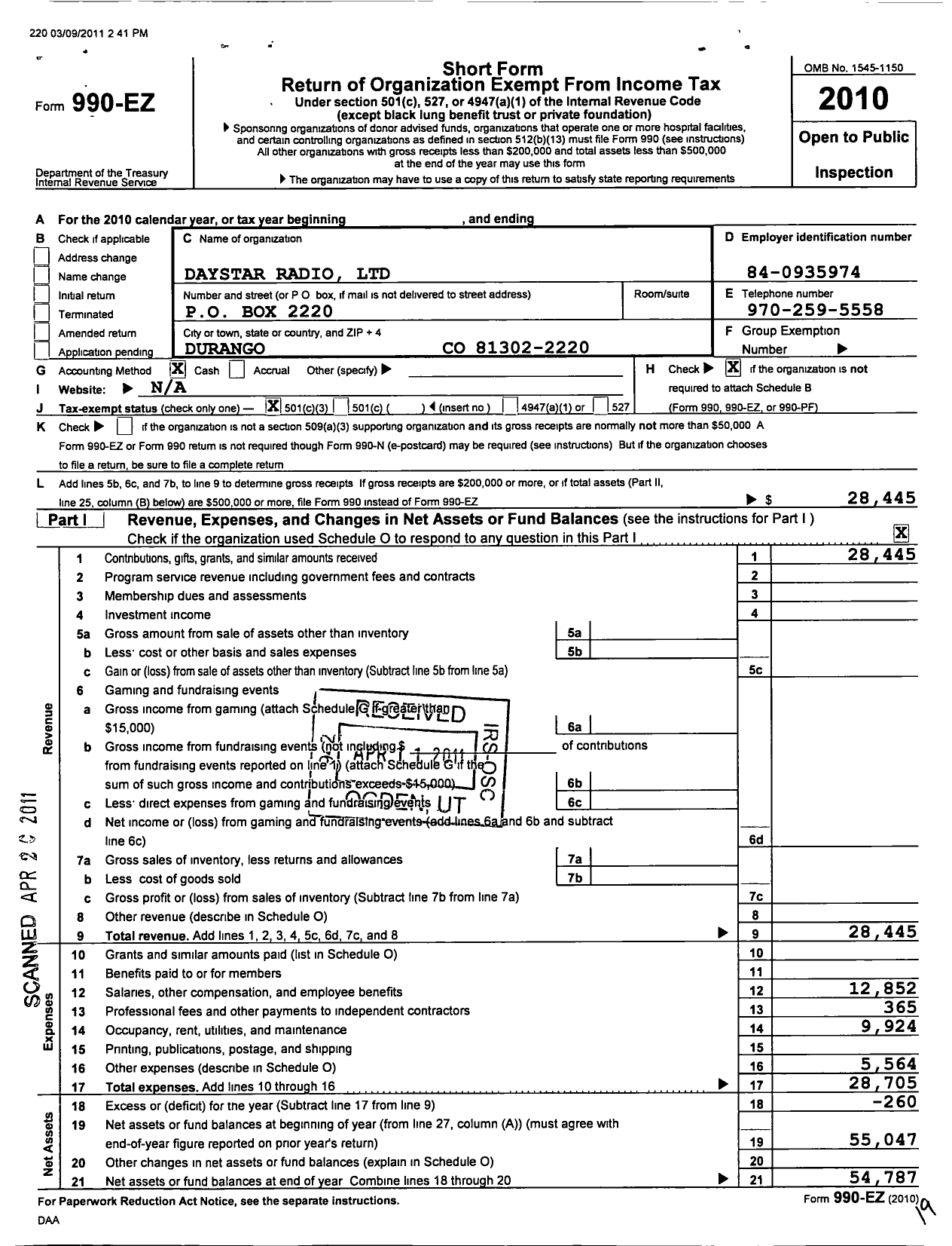 Image of first page of 2010 Form 990EZ for Daystar Radio